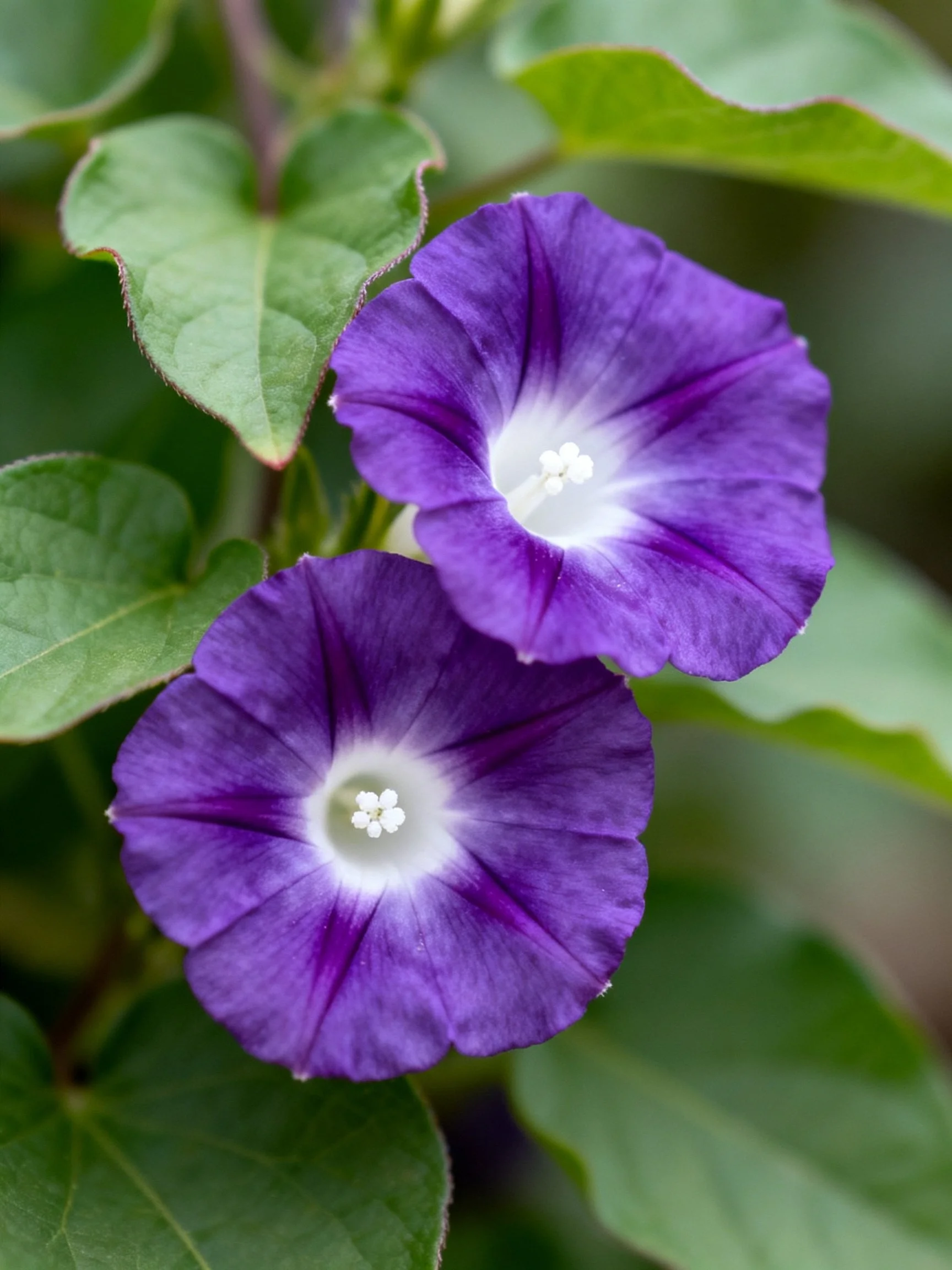 Two vibrant purple morning glories with green foliage