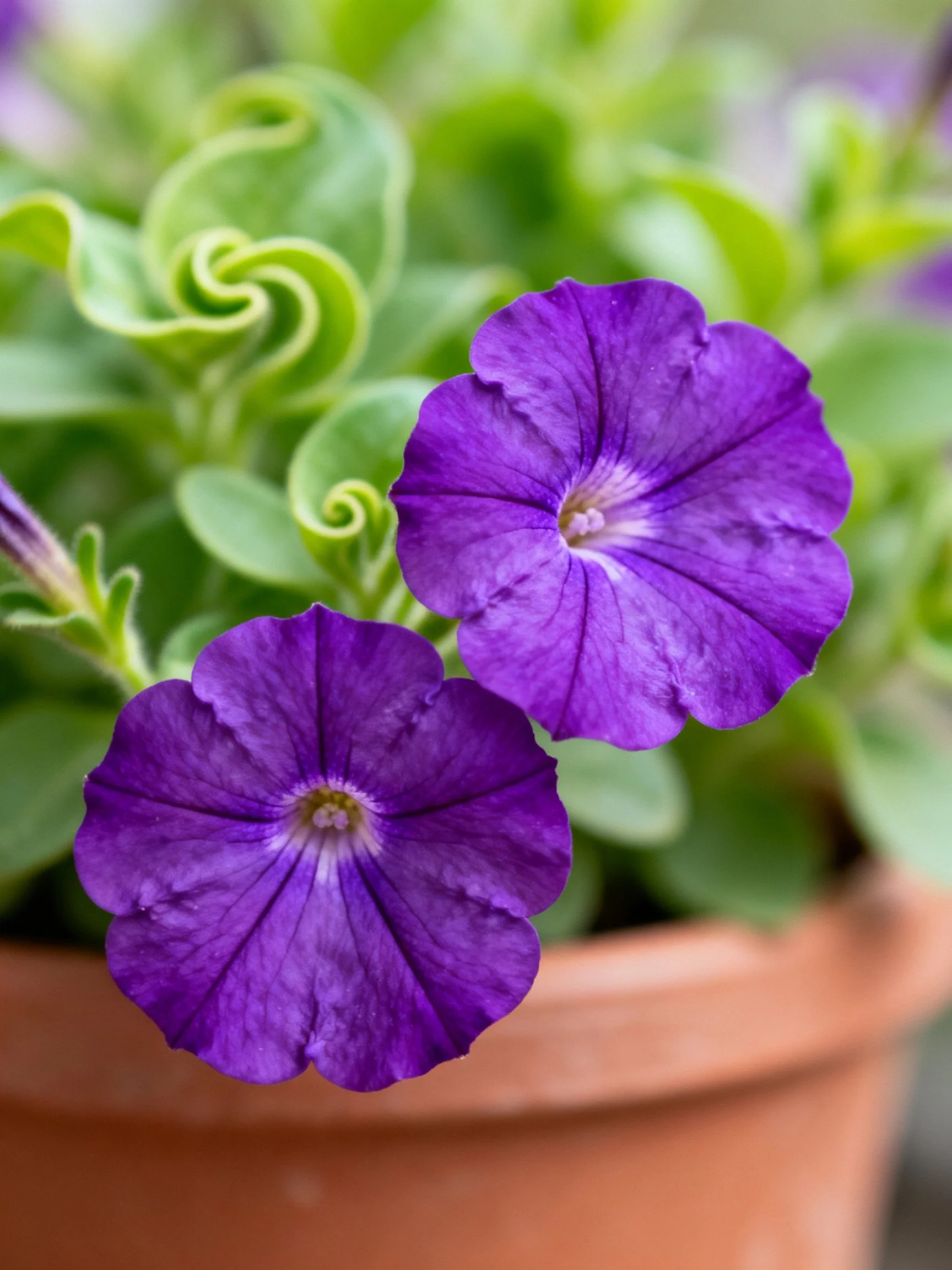 Two vibrant purple petunias bloom in a terracotta pot with lush green foliage.