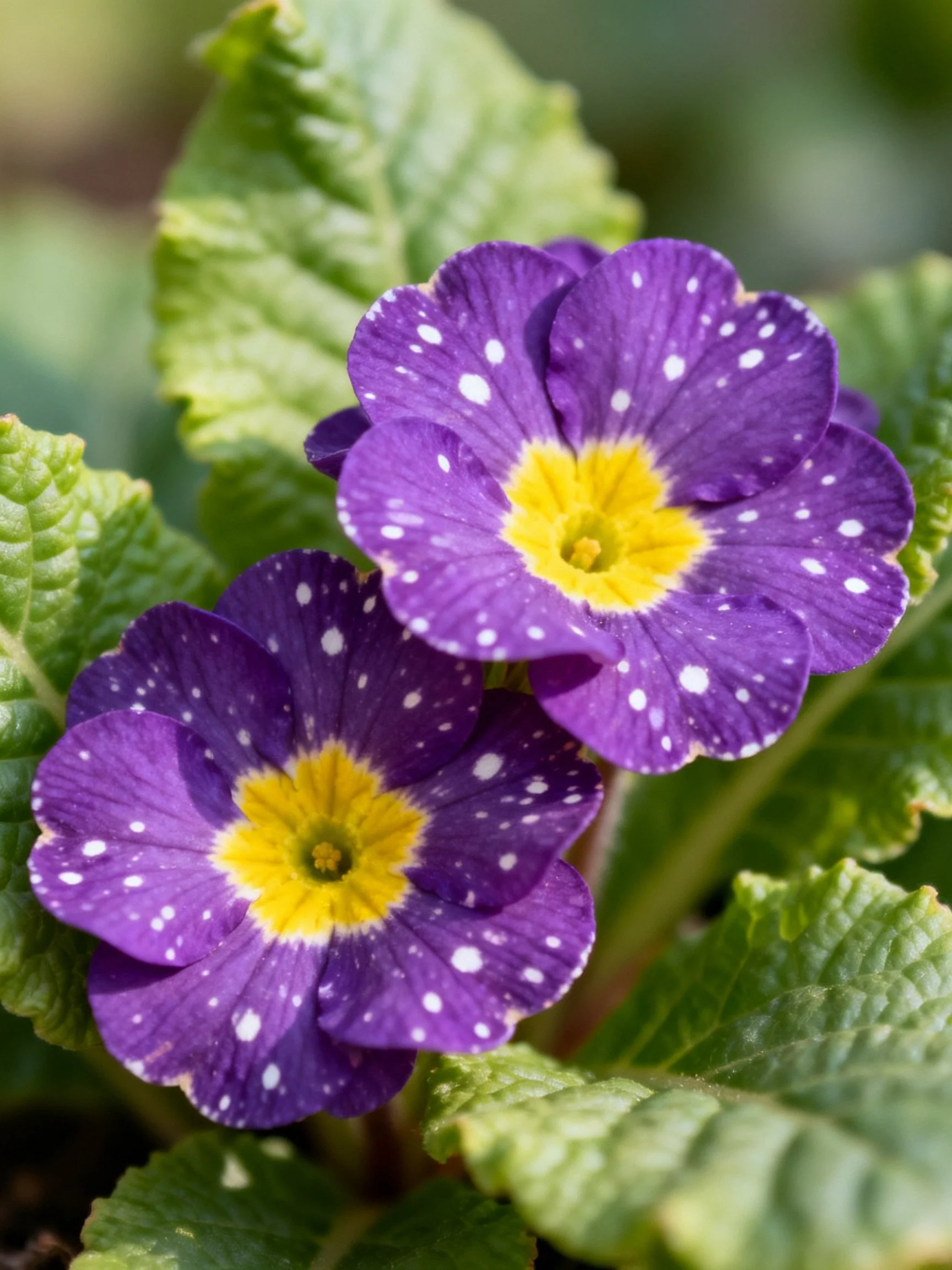 Two vibrant purple primrose flowers with white speckles and yellow centers amid green leaves