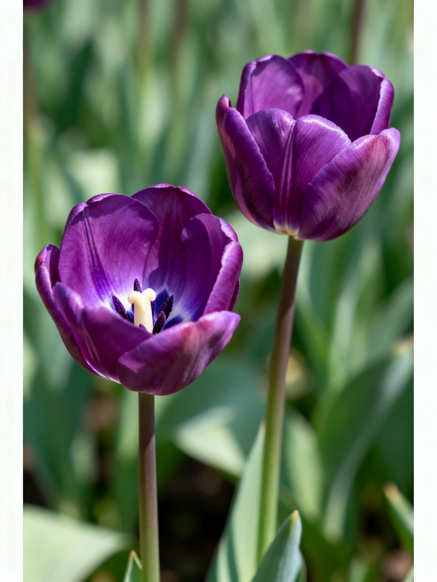 Two vibrant purple tulips bloom near blurred green foliage