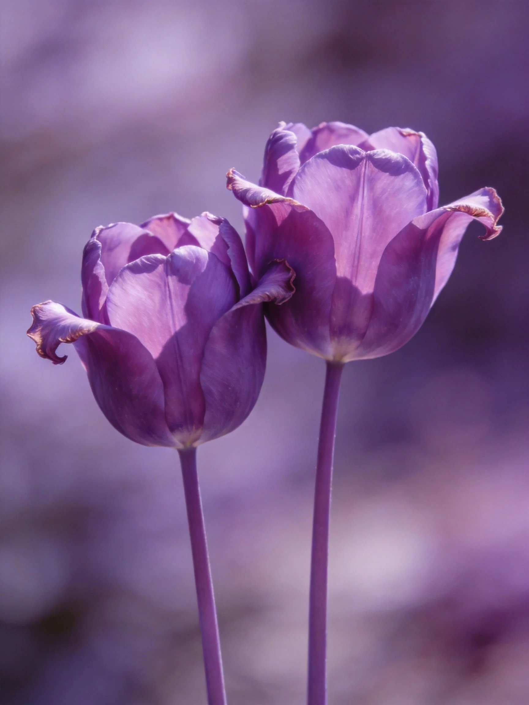 Two vibrant purple tulips with delicate petals against a soft bokeh background