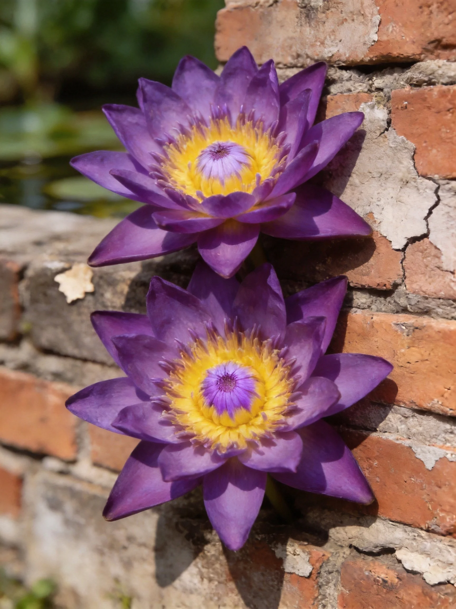 Two vibrant purple water lilies beside an aged brick wall