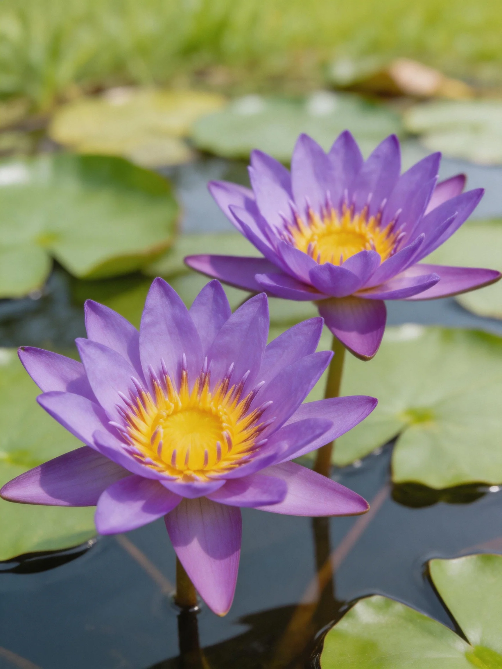 Two vibrant purple water lilies blooming among green lily pads