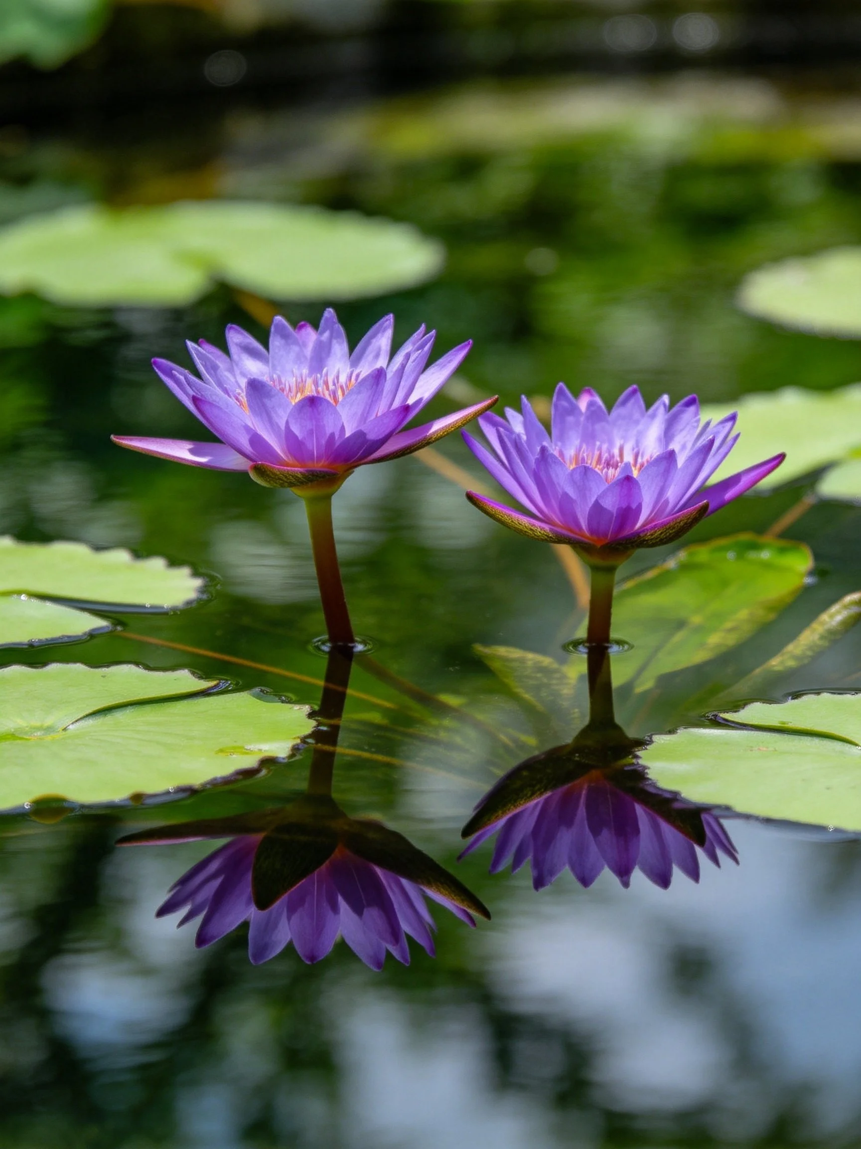 Two vibrant purple water lilies float among green lily pads