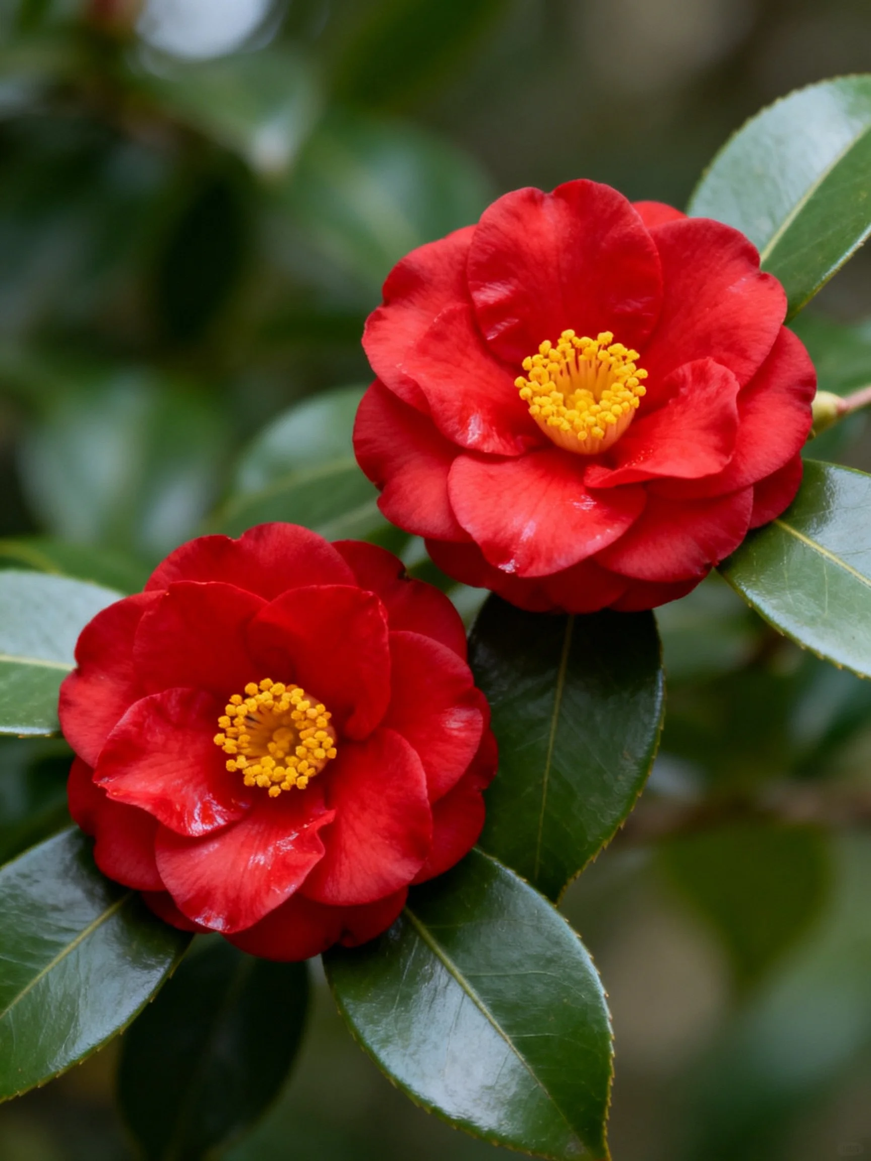 Two vibrant red camellia blooms with yellow centers amid glossy green leaves