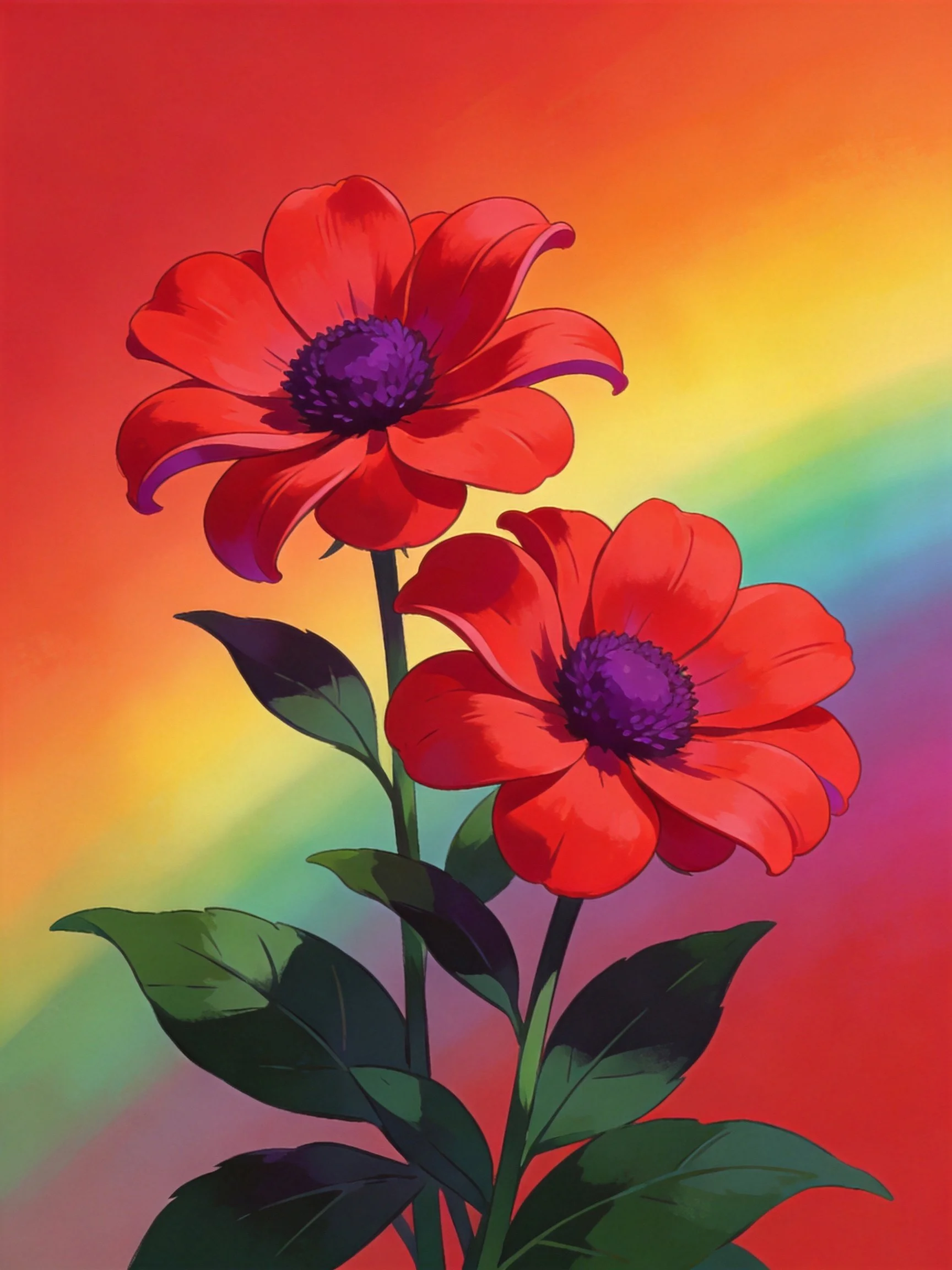 Two vibrant red flowers with purple centers amid a rainbow gradient background