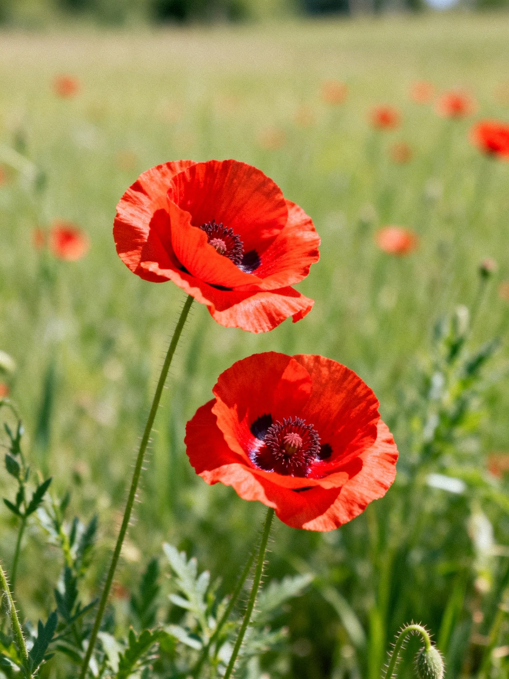 Two vibrant red poppies bloom in a sunlit green meadow