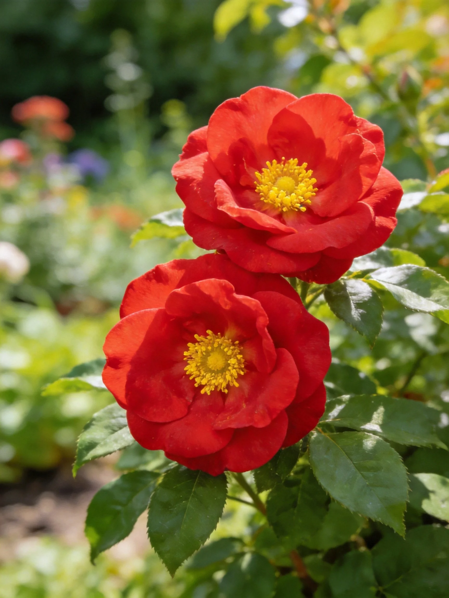 Two vibrant red roses with yellow centers amid lush green foliage