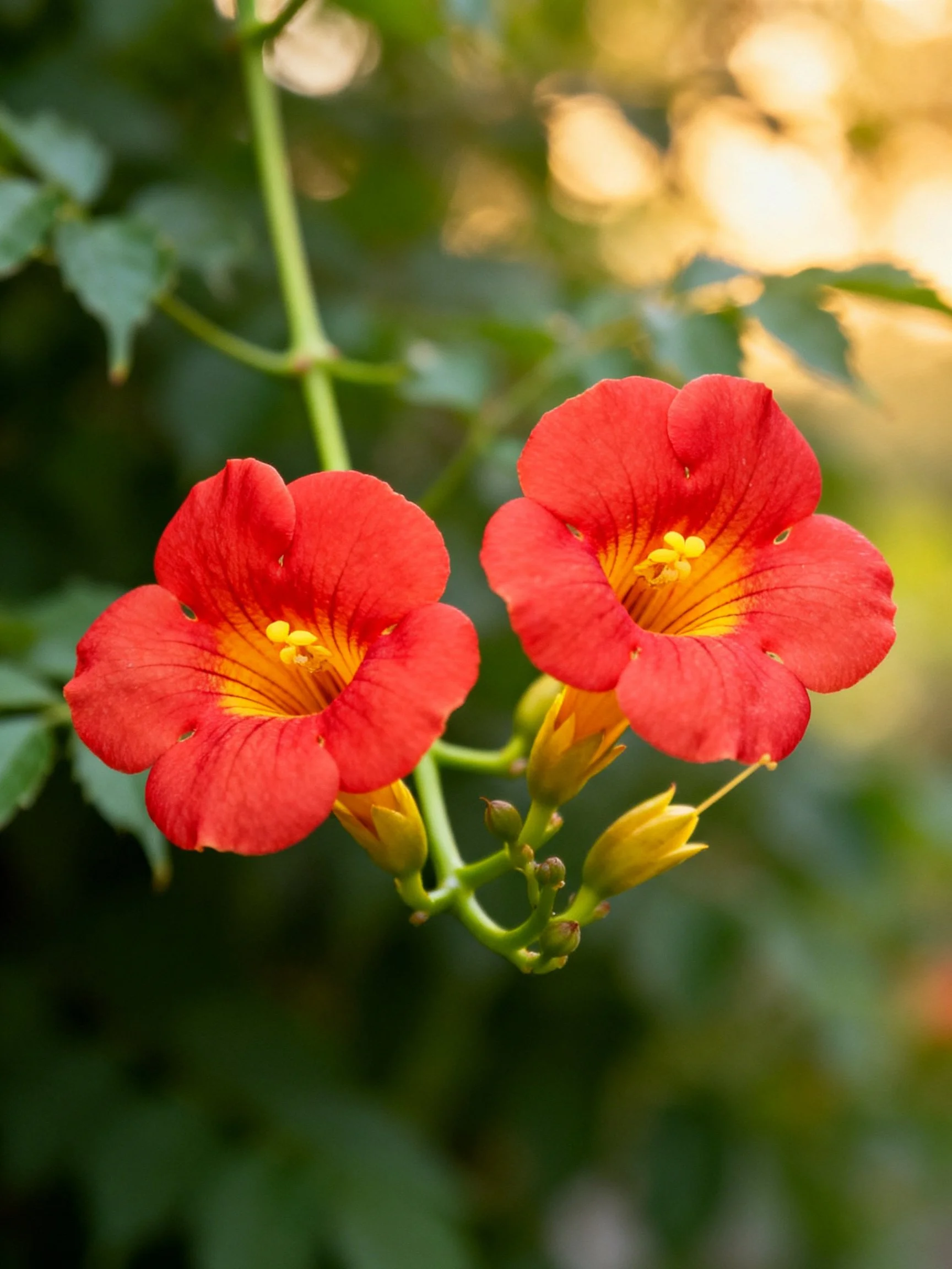 Two vibrant red trumpet flowers with yellow centers
