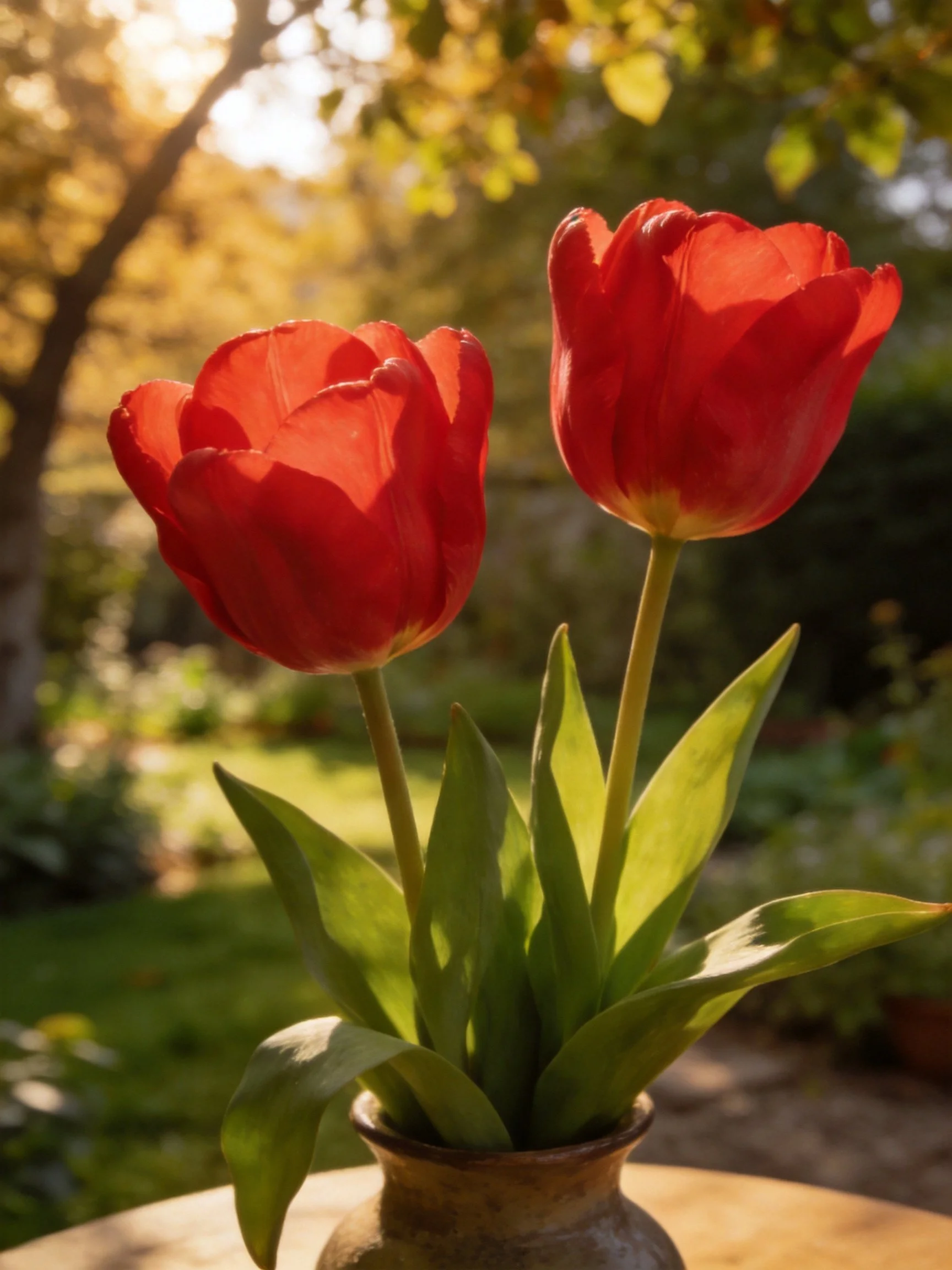 Two vibrant red tulips in a rustic vase amid a sunlit garden
