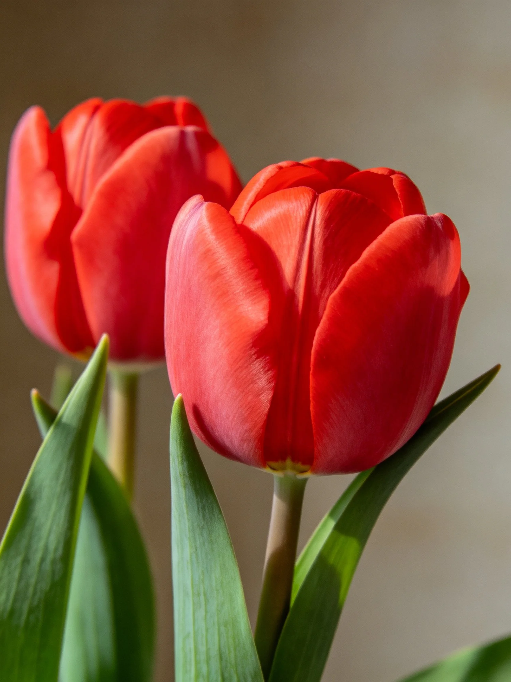 Two vibrant red tulips with green foliage