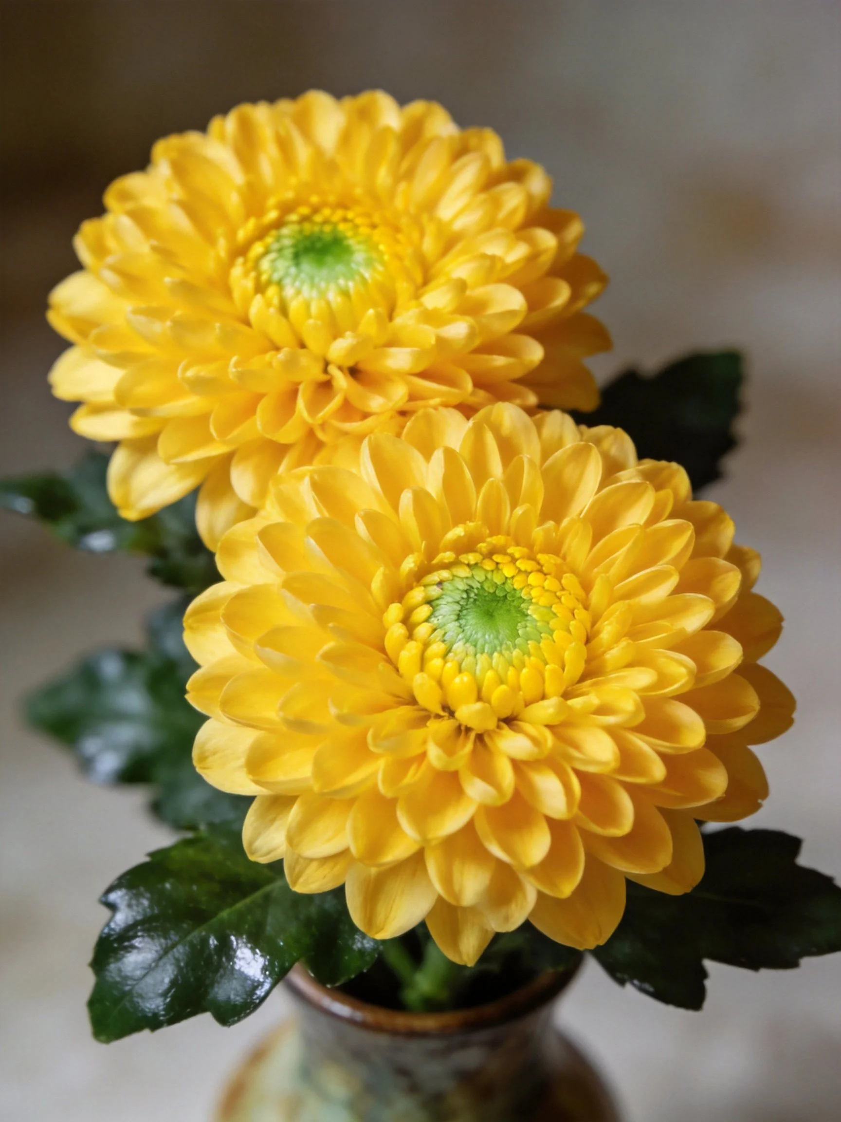 Two vibrant yellow chrysanthemums in a brown vase