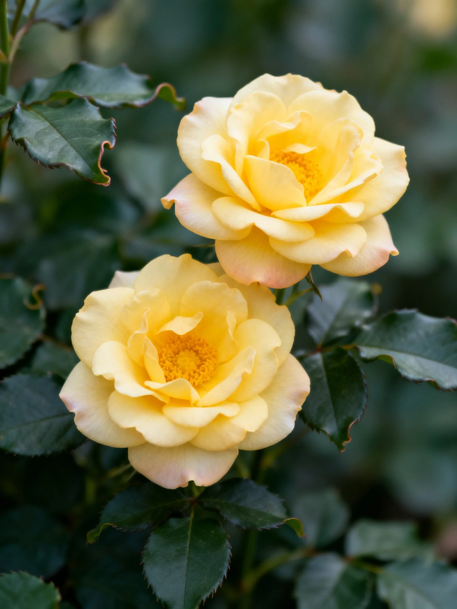 Two vibrant yellow roses surrounded by dark green foliage