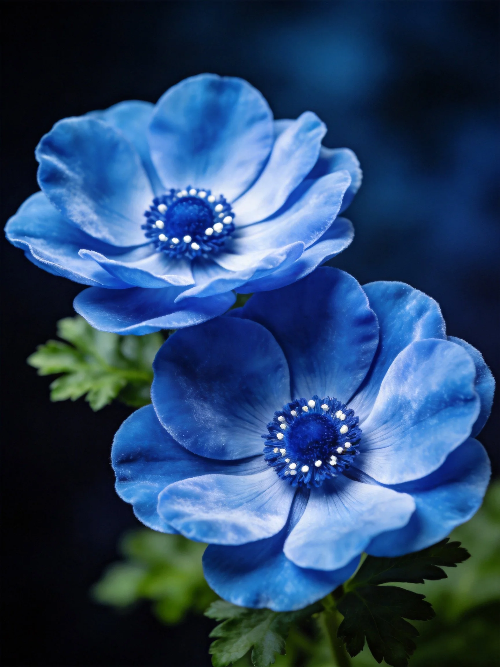 Two vivid blue flowers with green foliage against a dark background