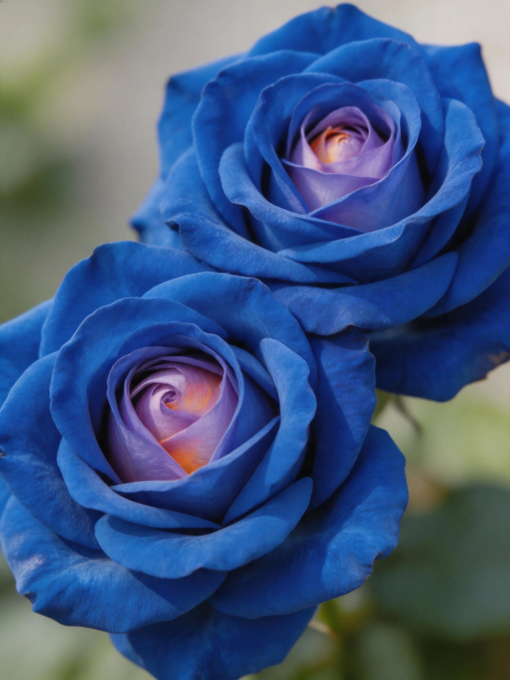 Two vivid blue roses with purple inner centers