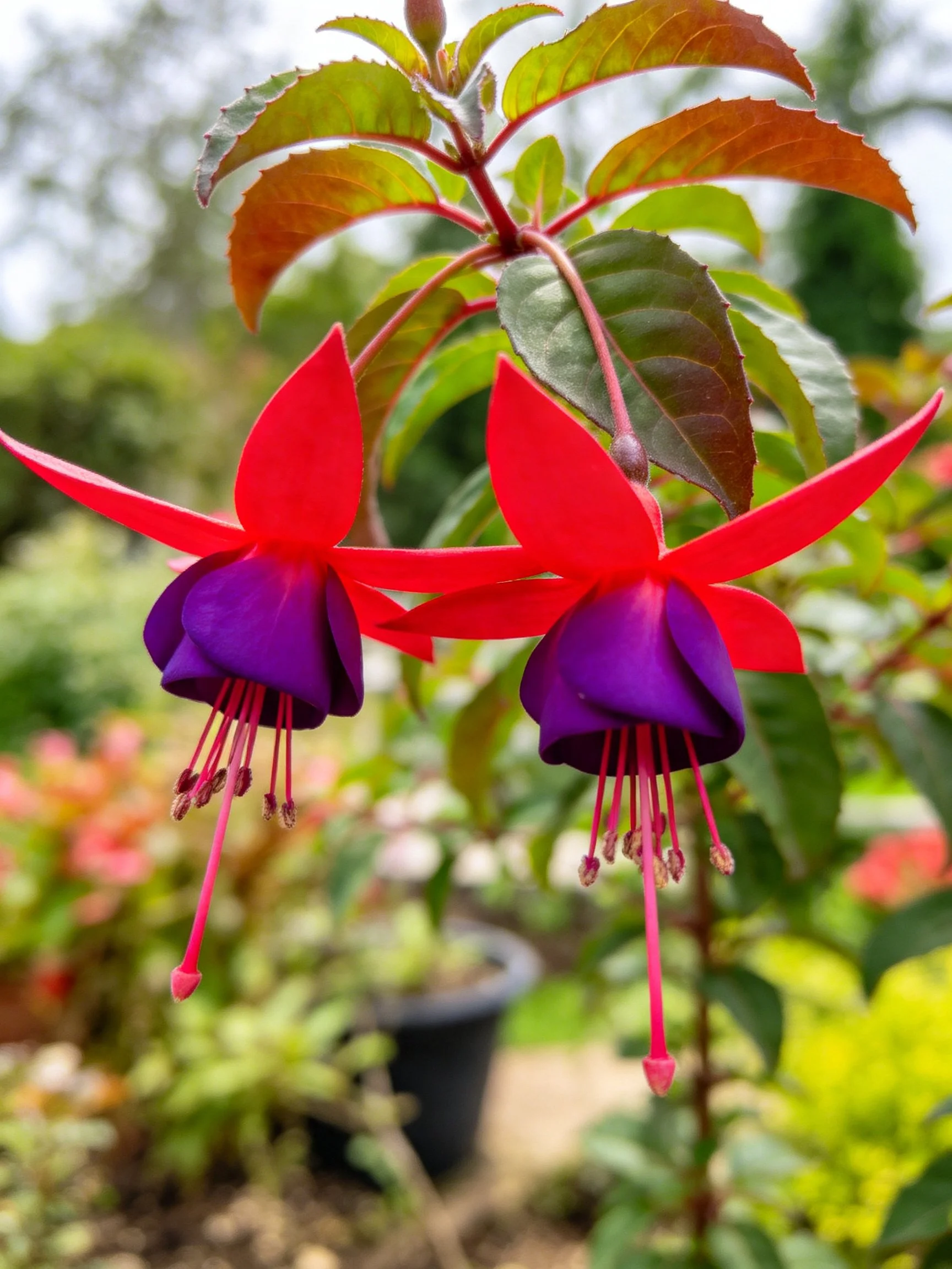 Two vivid fuchsia flowers with red and purple hues