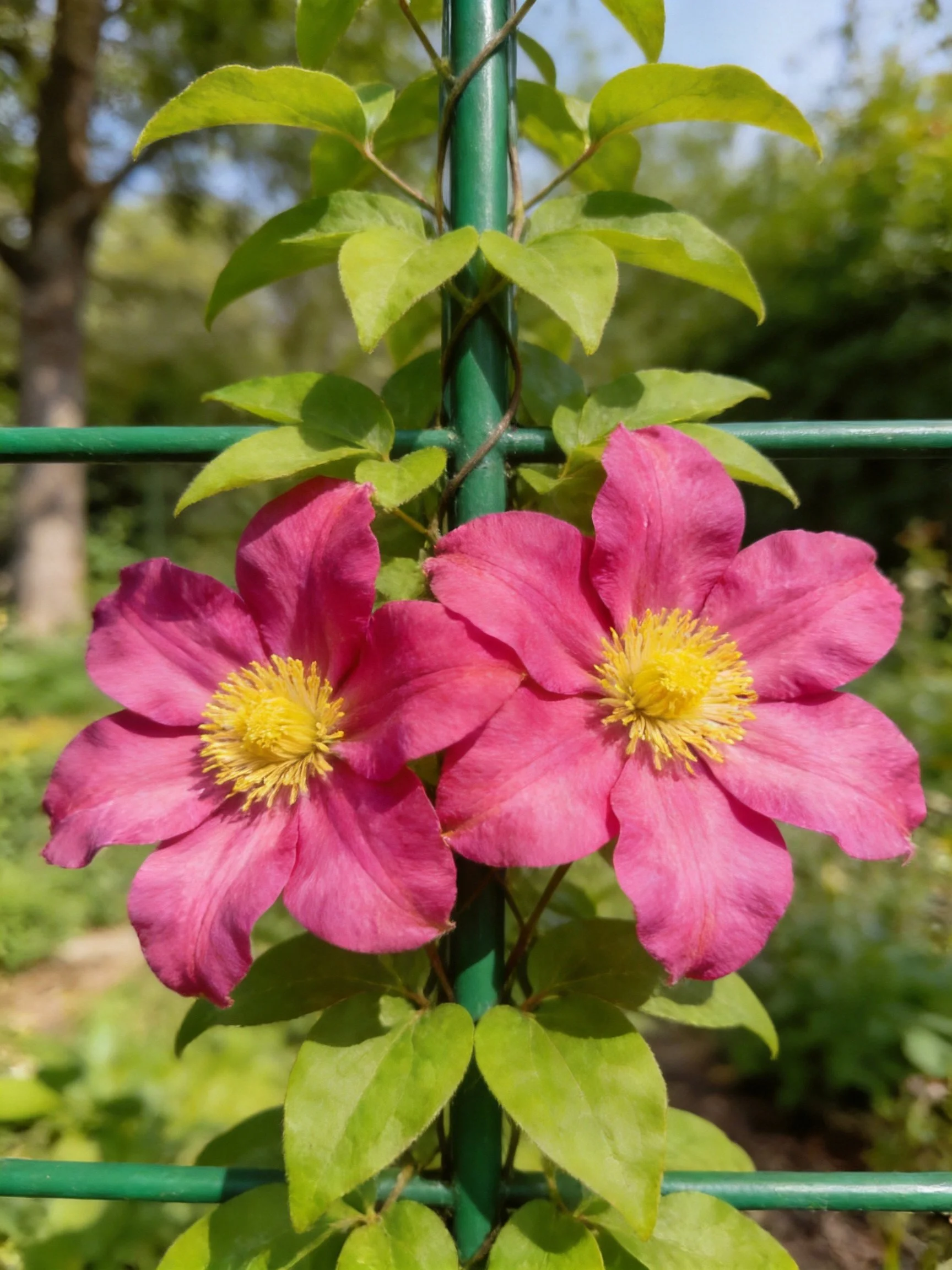 Two vivid pink clematis flowers with yellow centers on a green trellis