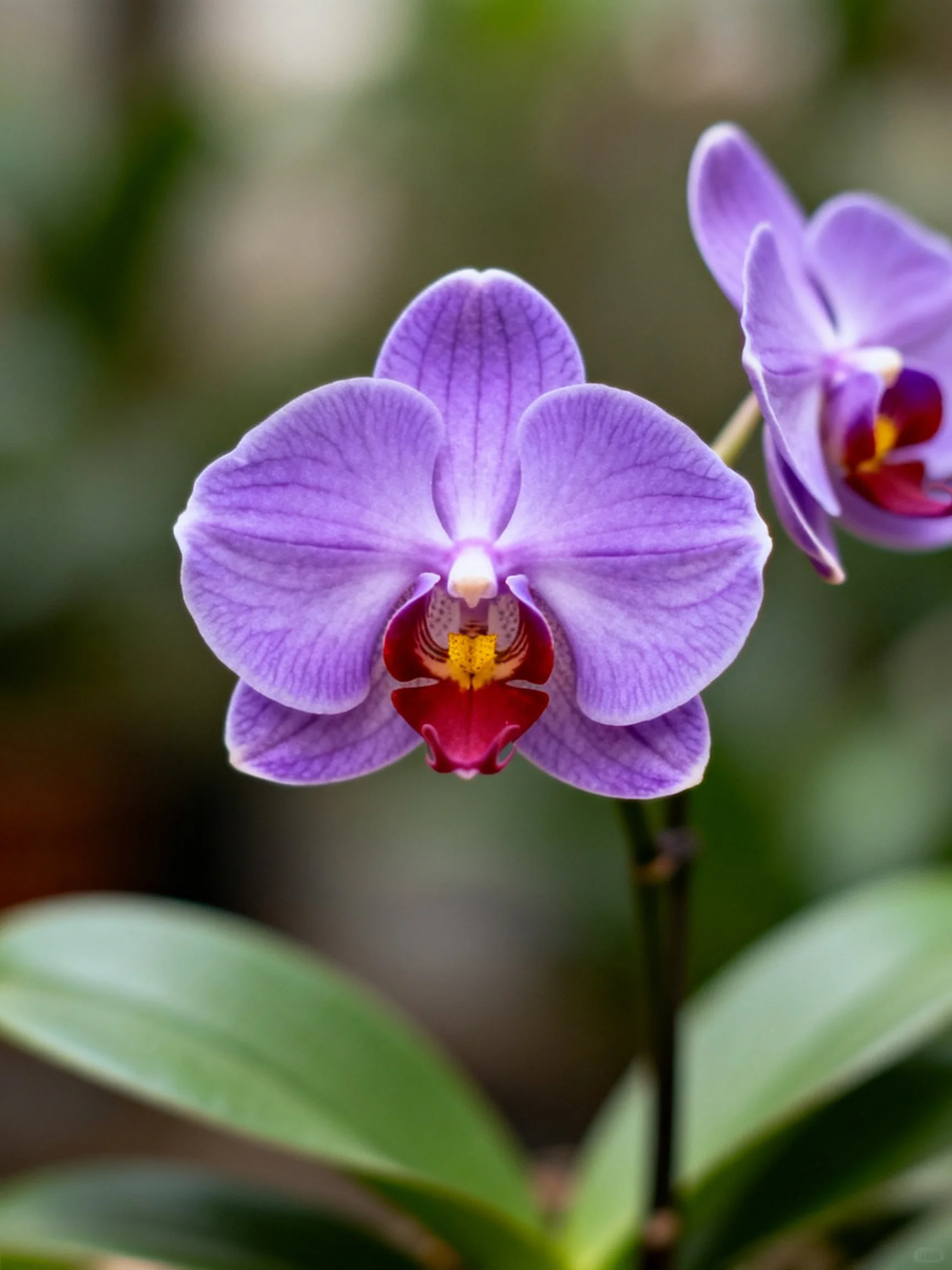Two vivid purple orchid blooms with green leaves in focus