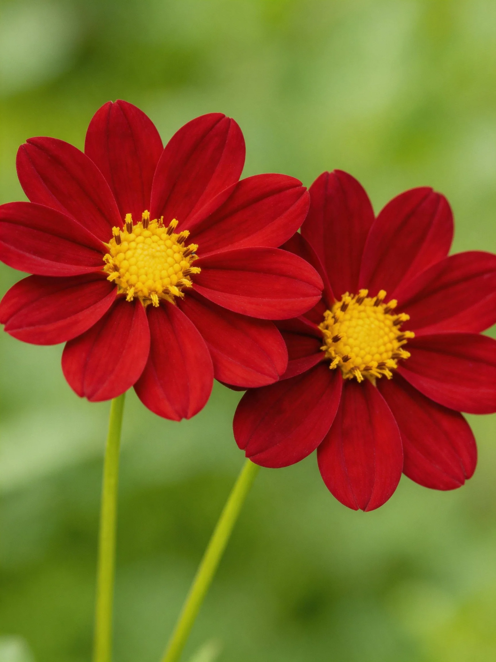Two vivid red flowers with bright yellow centers and green stems