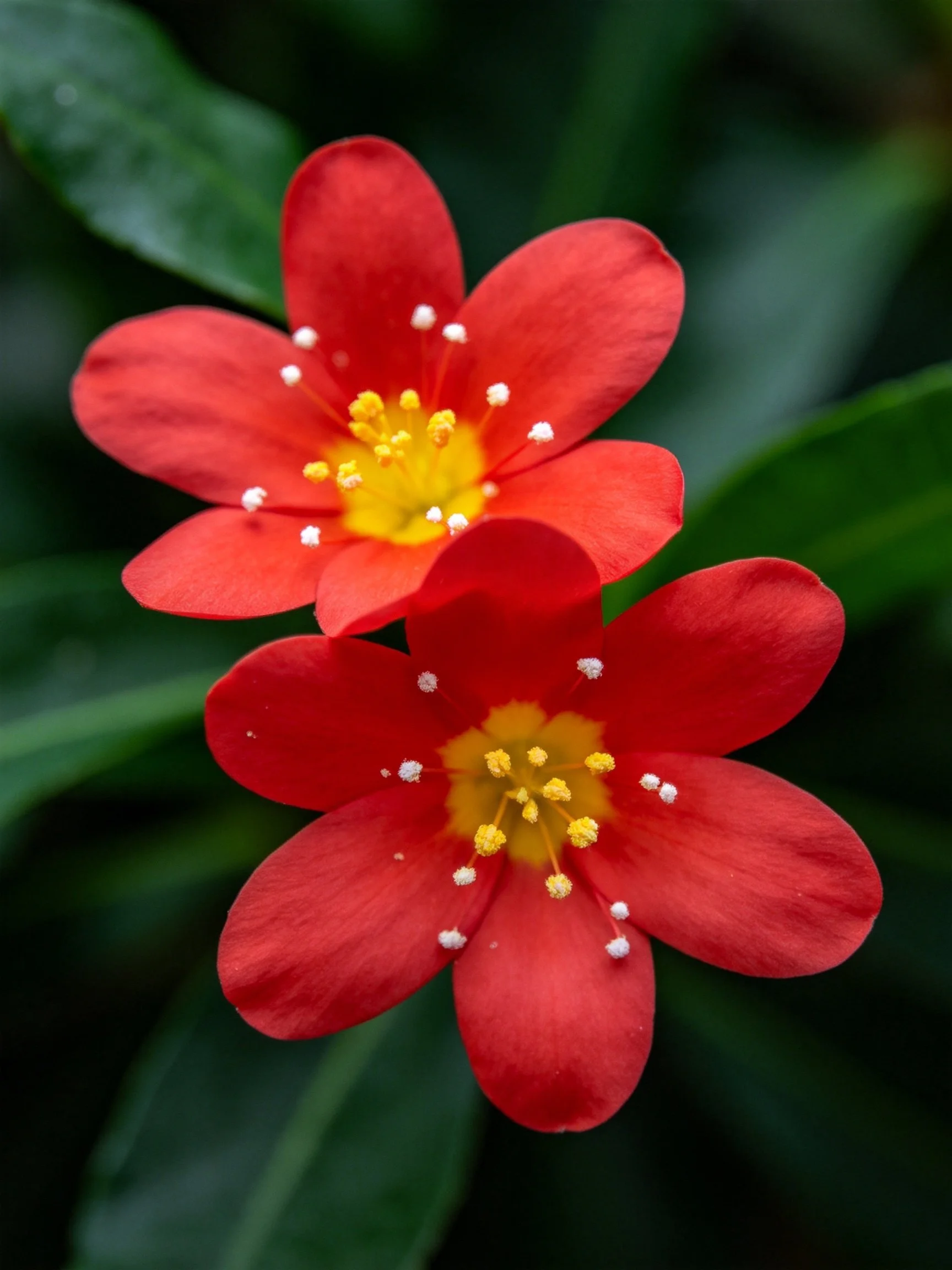Two vivid red flowers with yellow centers and white stamens
