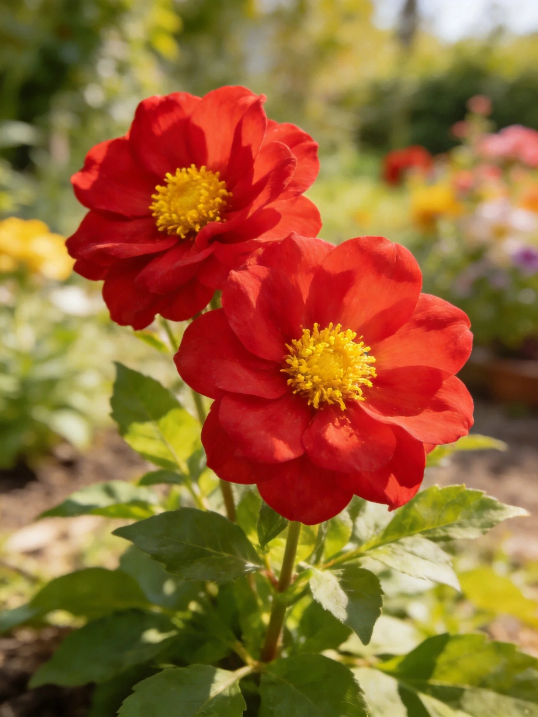Two vivid red flowers with yellow centers in a sunny garden