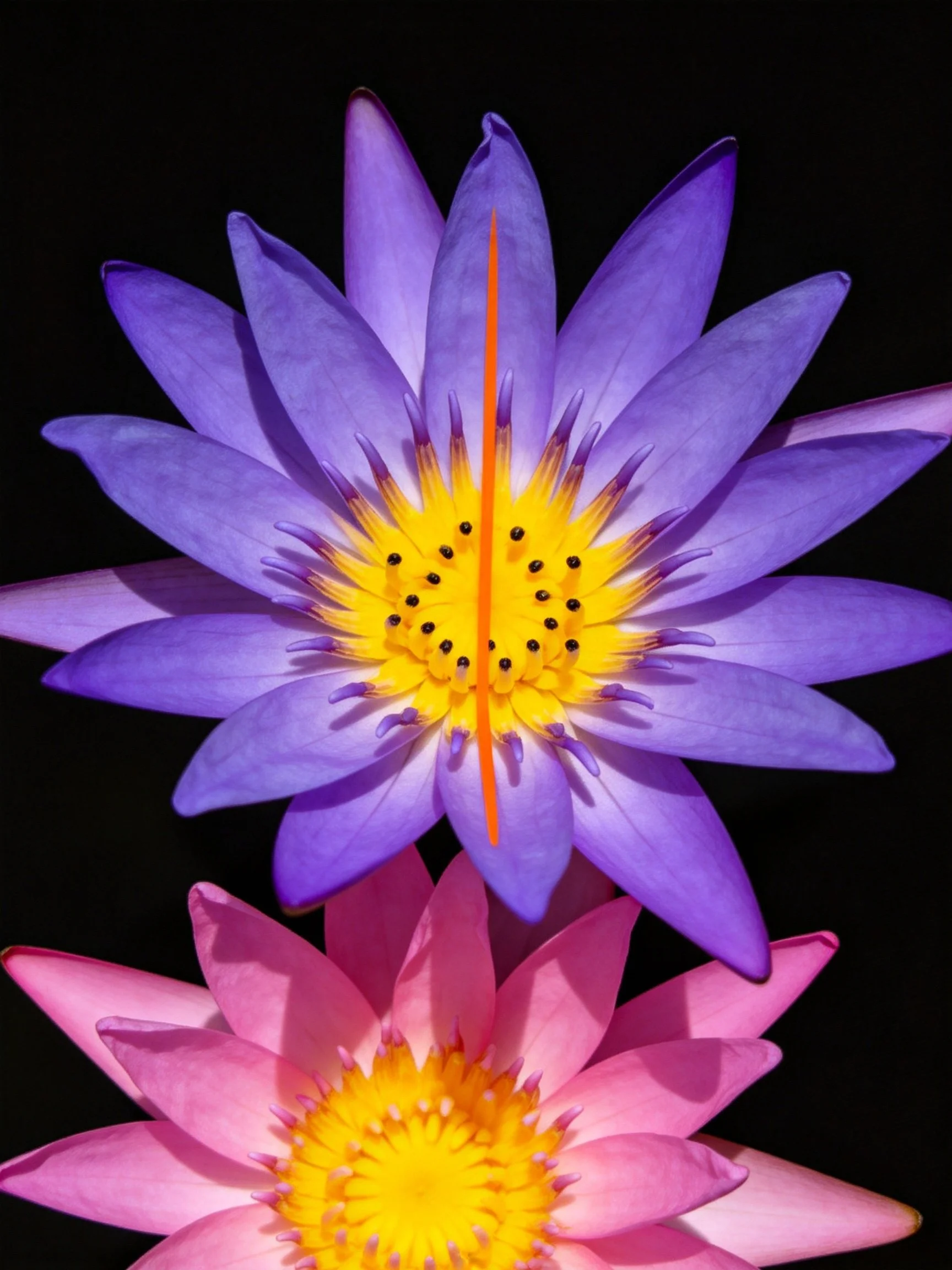 Two water lilies, one purple and one pink, displayed vertically against a black background