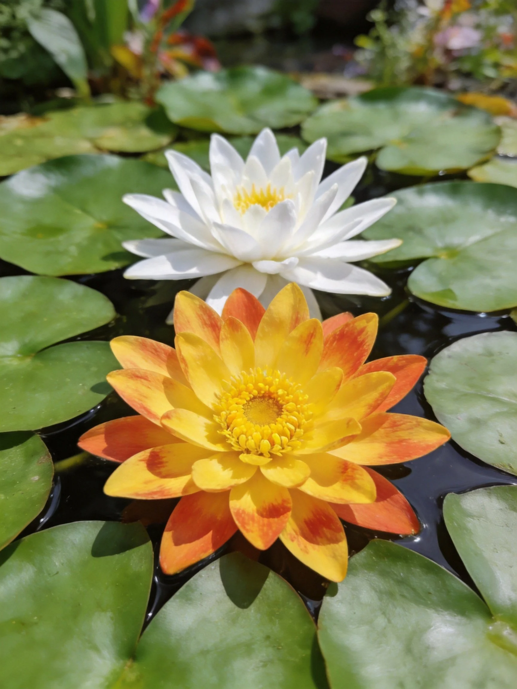 Two water lilies, one white and one orange-yellow, float among green lily pads.