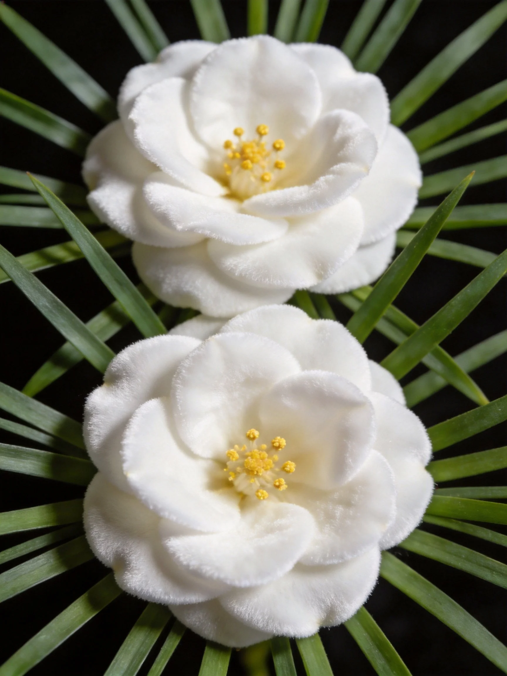 Two white artificial flowers with yellow centers amid green foliage