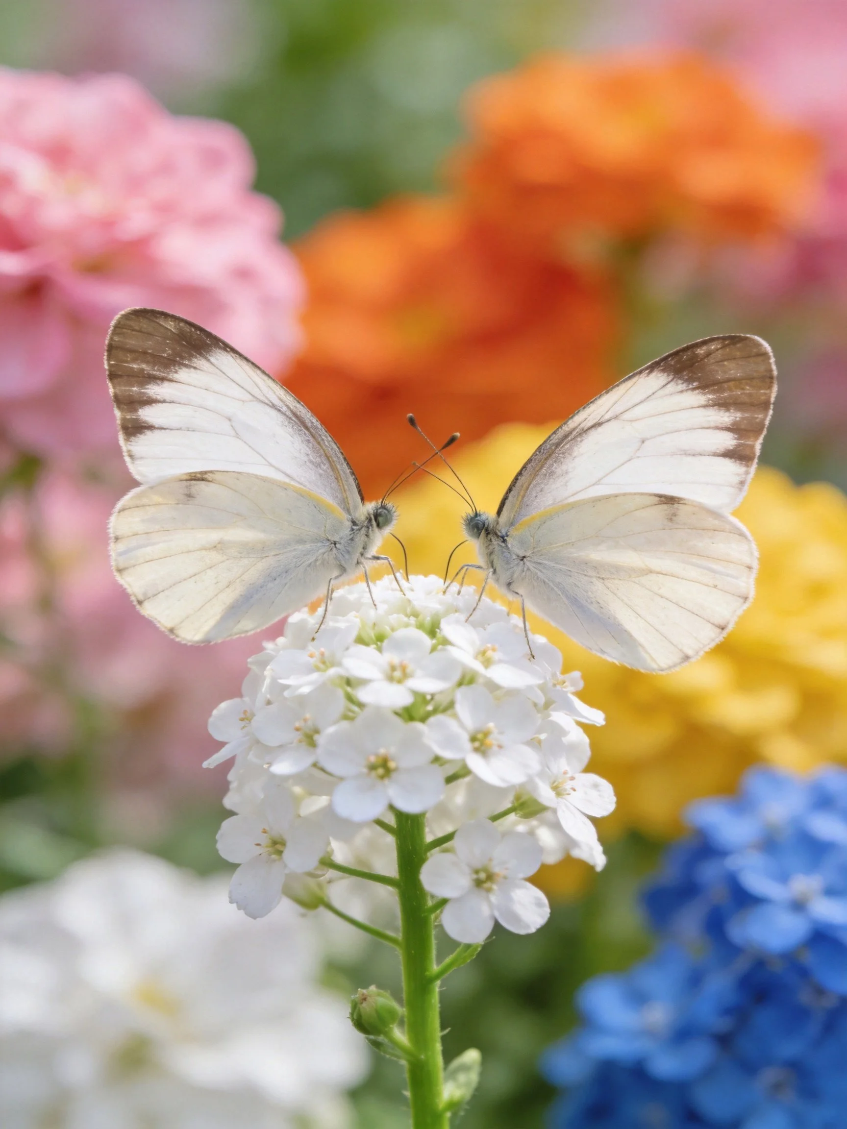 Two white butterflies on a cluster of small white flowers amid colorful blooms