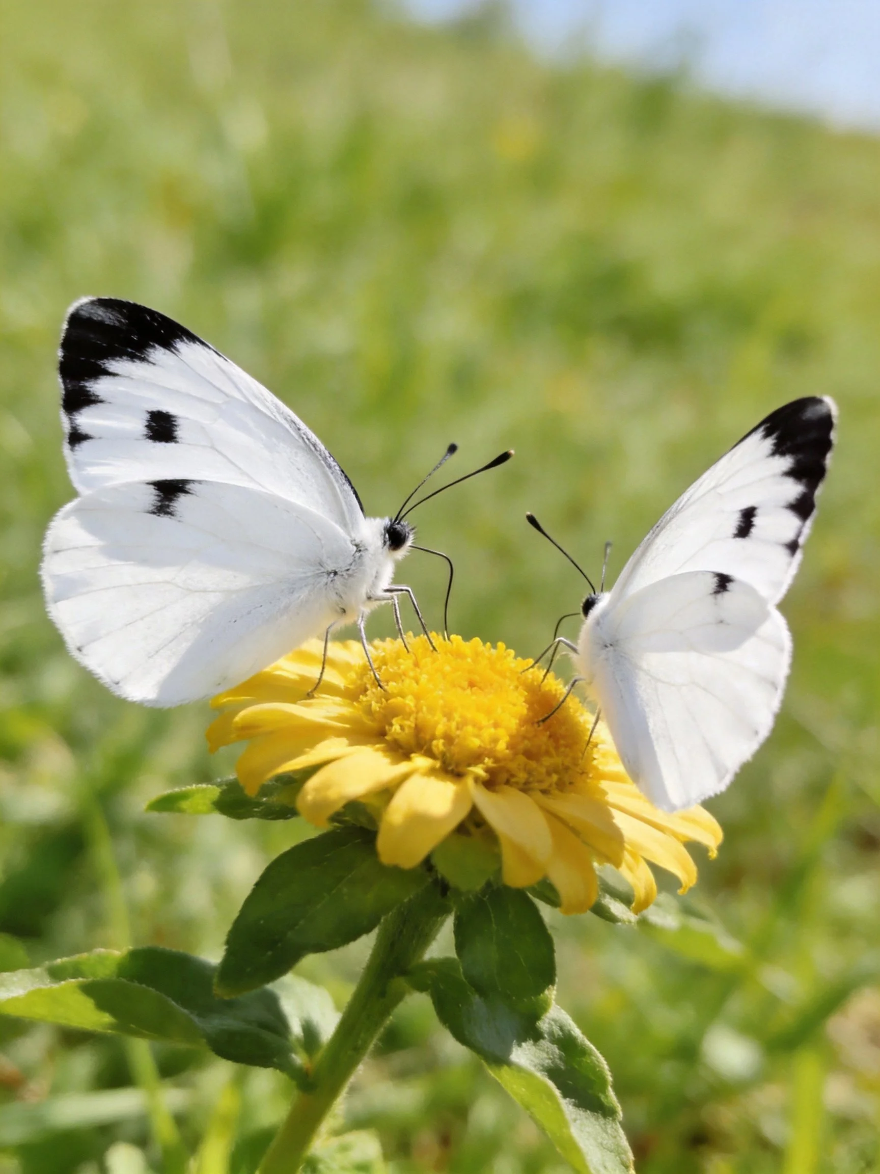 Two white butterflies with black-spotted wings feed from a vibrant yellow flower