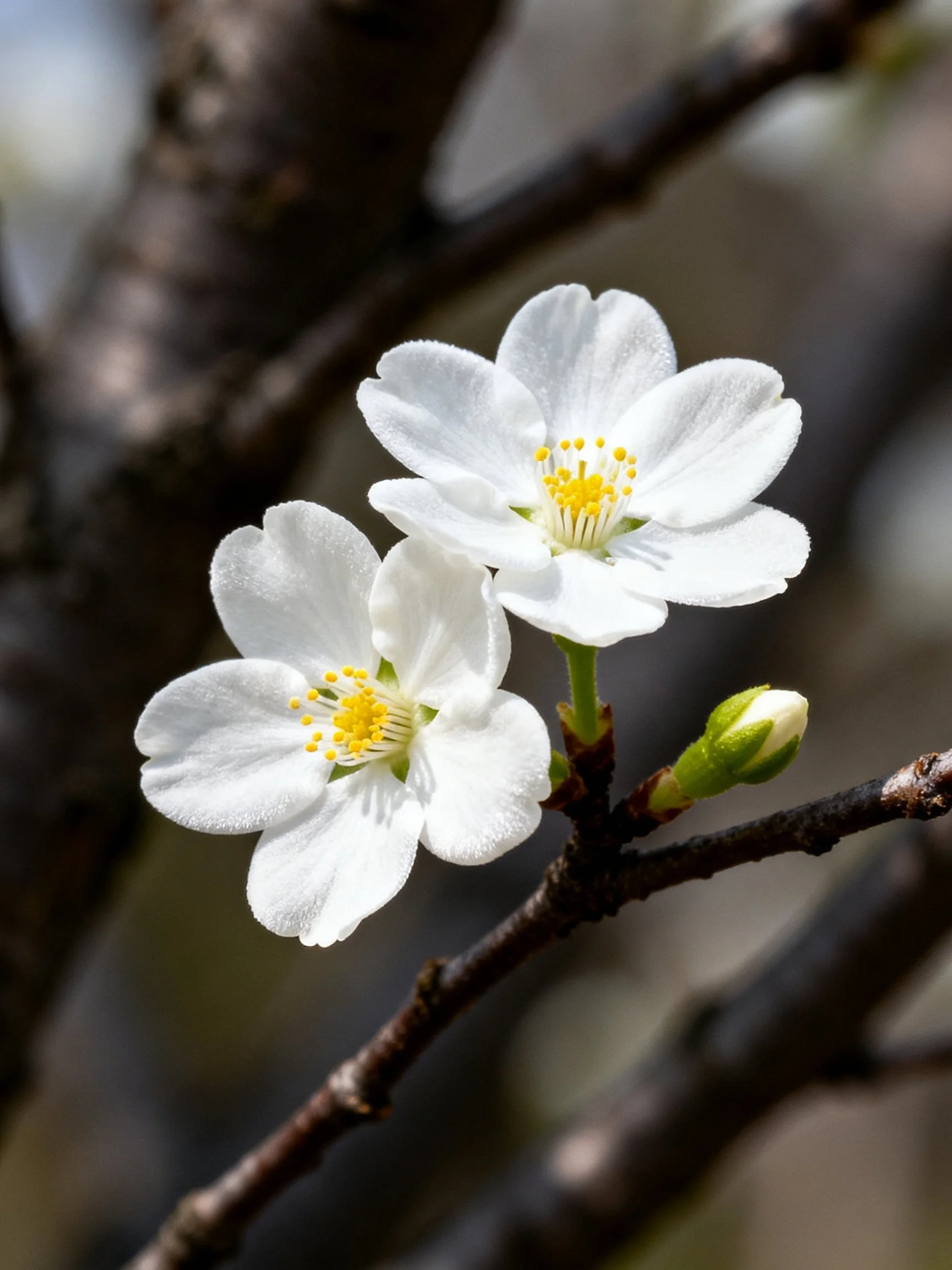 Two white cherry blossoms with a bud on a dark branch
