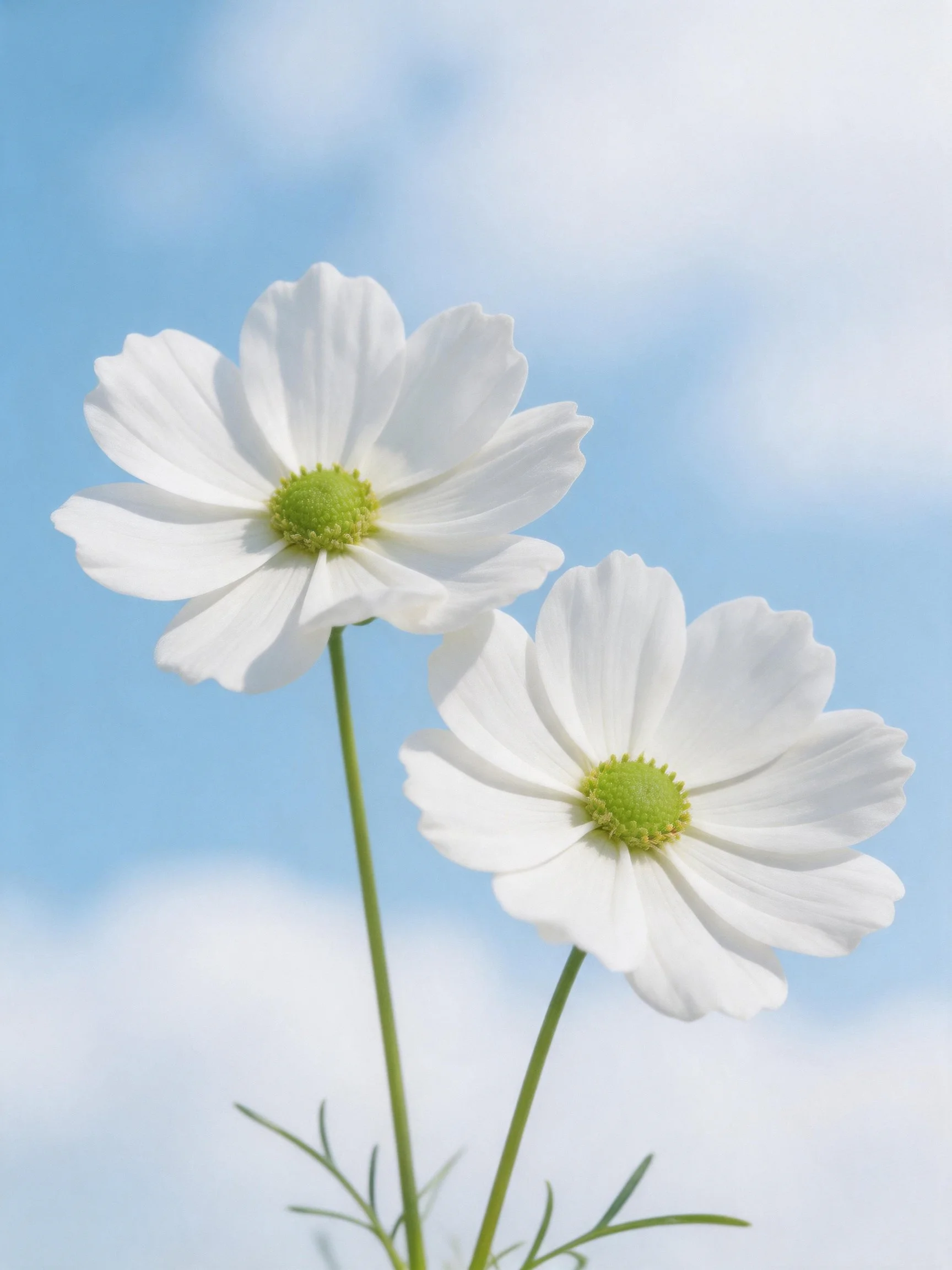 Two white cosmos flowers bloom against a blue sky with clouds