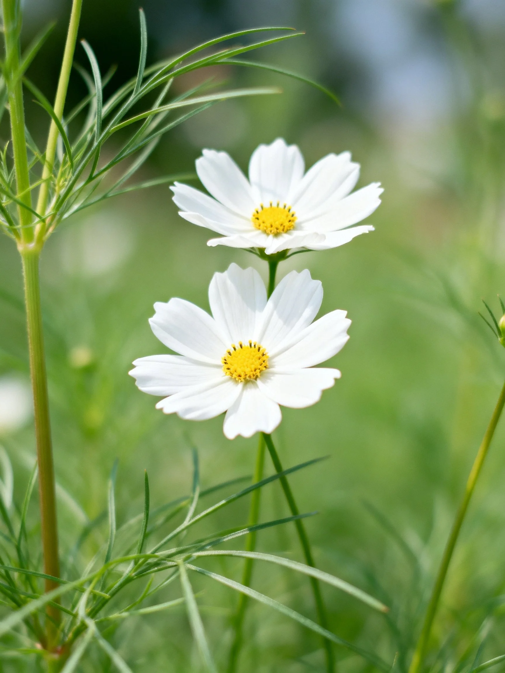 Two white cosmos flowers with yellow centers amid green foliage