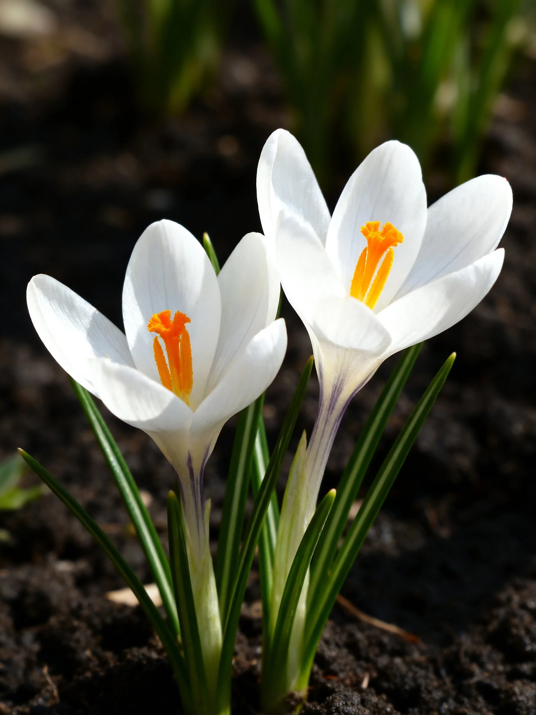Two white crocus flowers with orange centersstamens bloom in dark soil