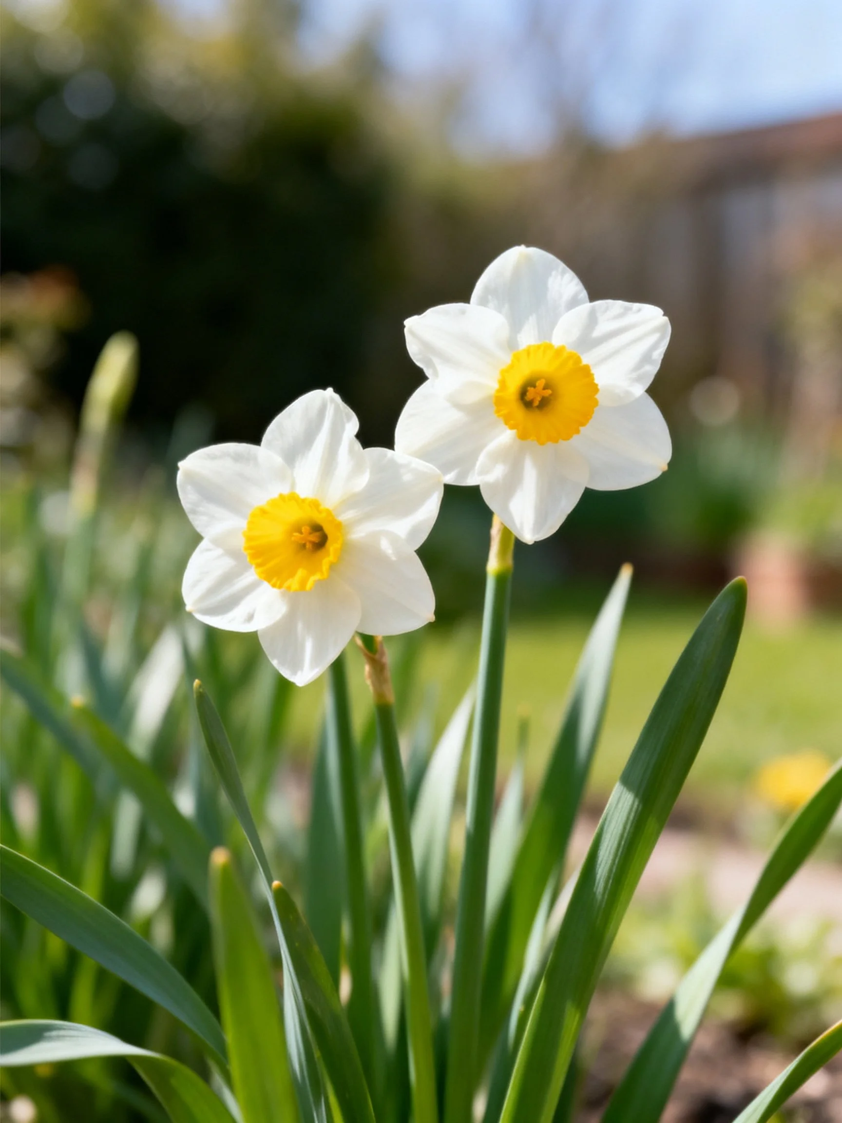 Two white daffodil blooms with yellow centers in a garden setting