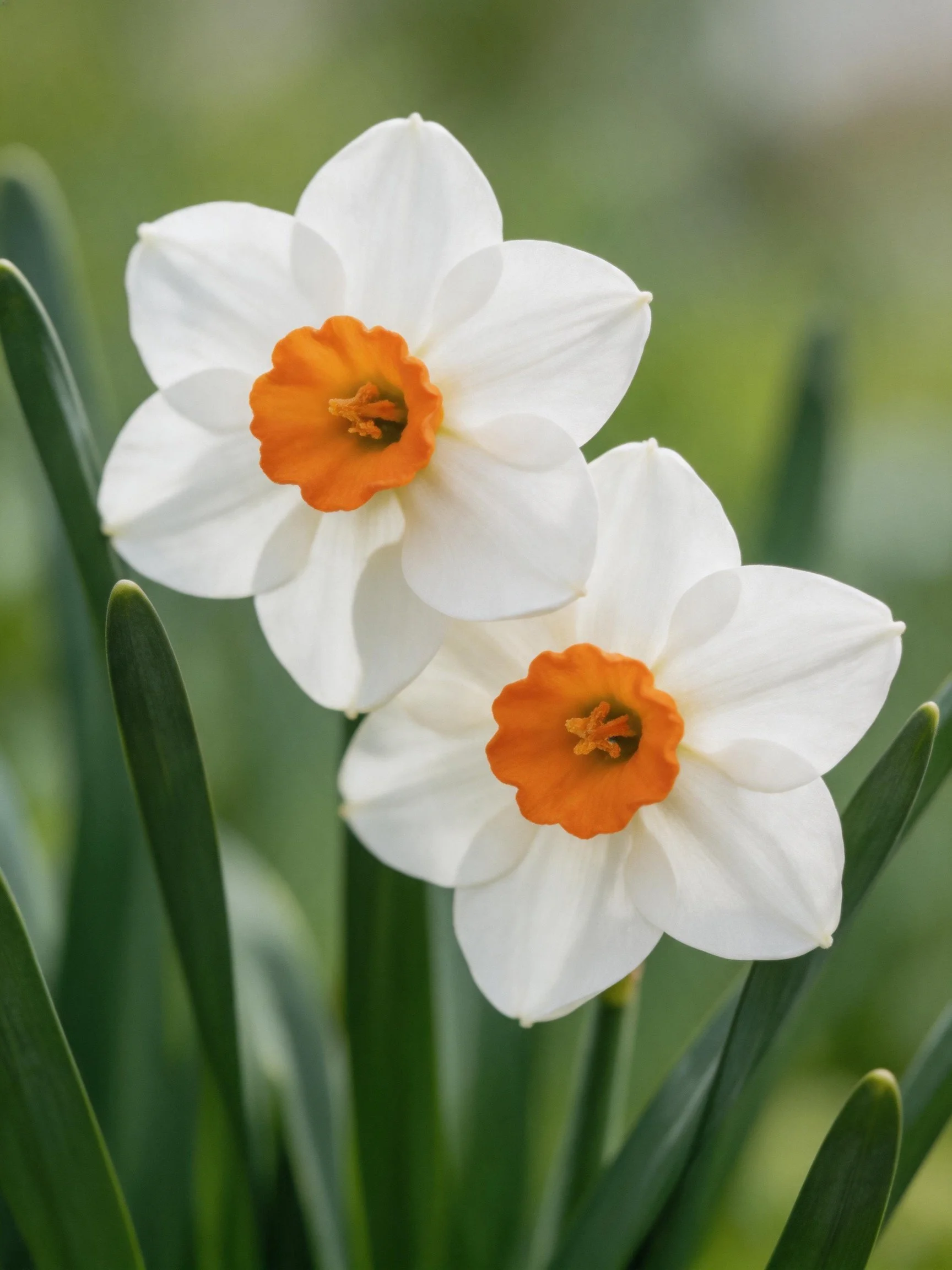Two white daffodils with orange centers amid green foliage
