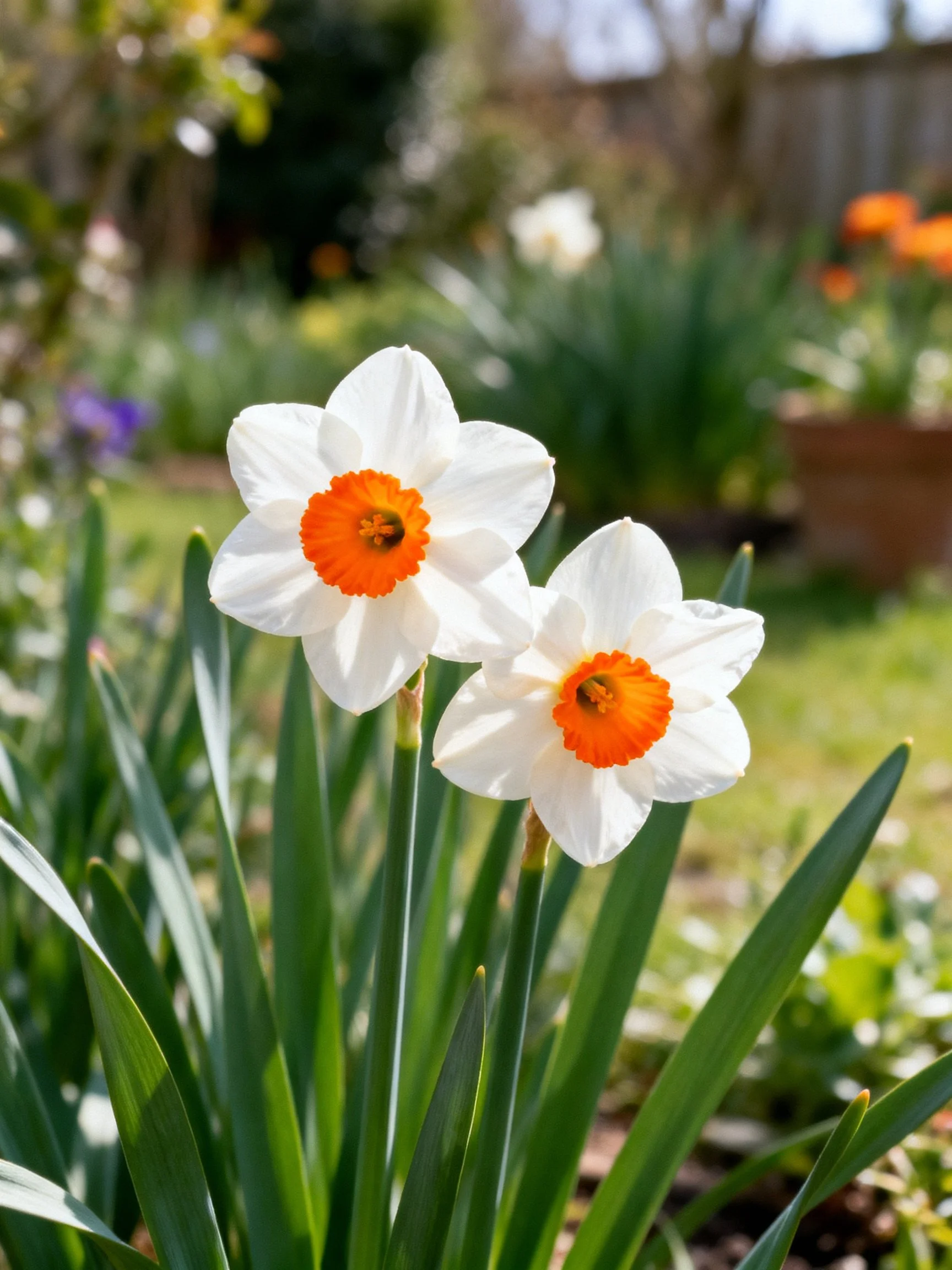 Two white daffodils with orange centers in a garden