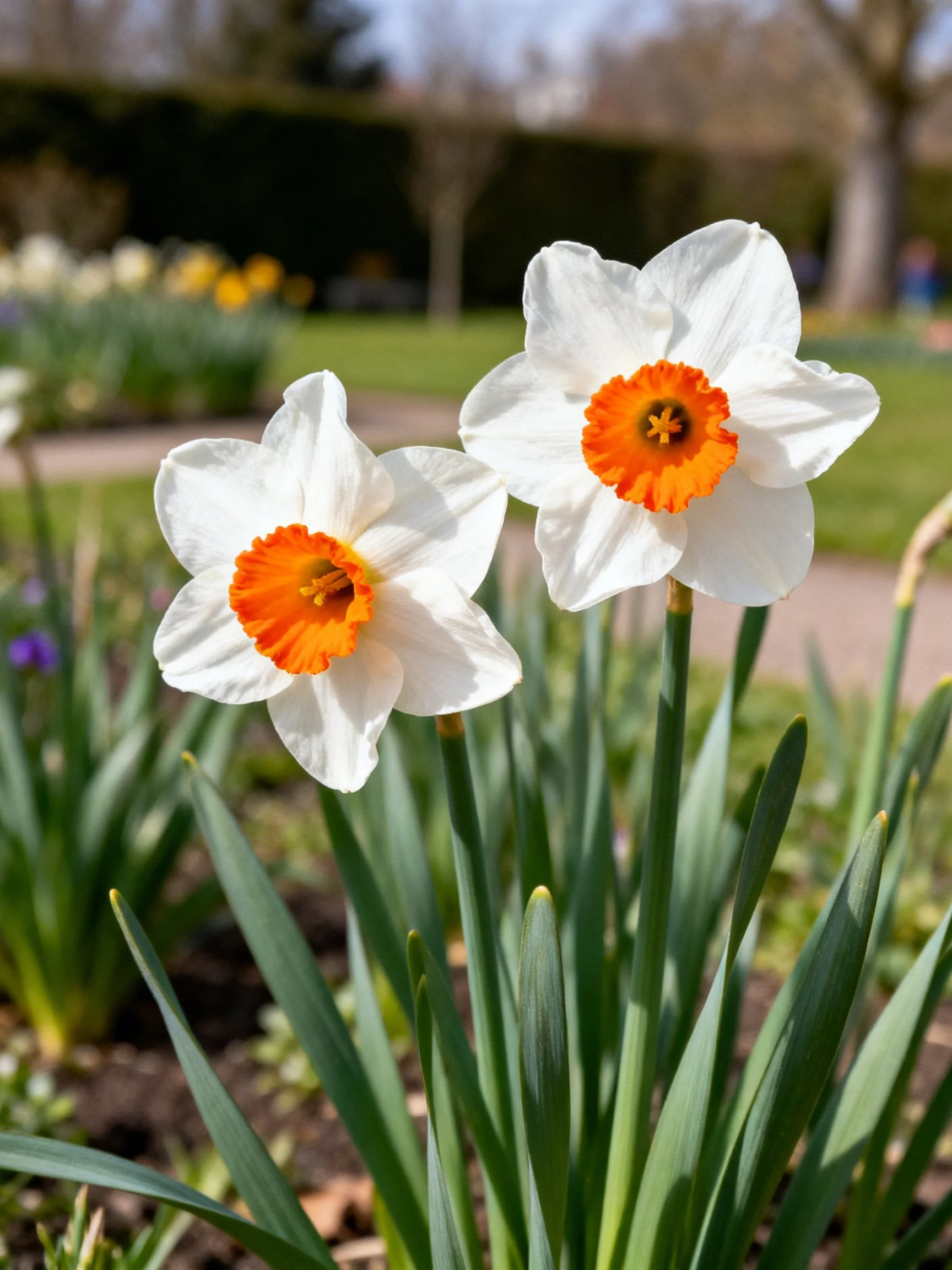 Two white daffodils with vibrant orange centers in a garden