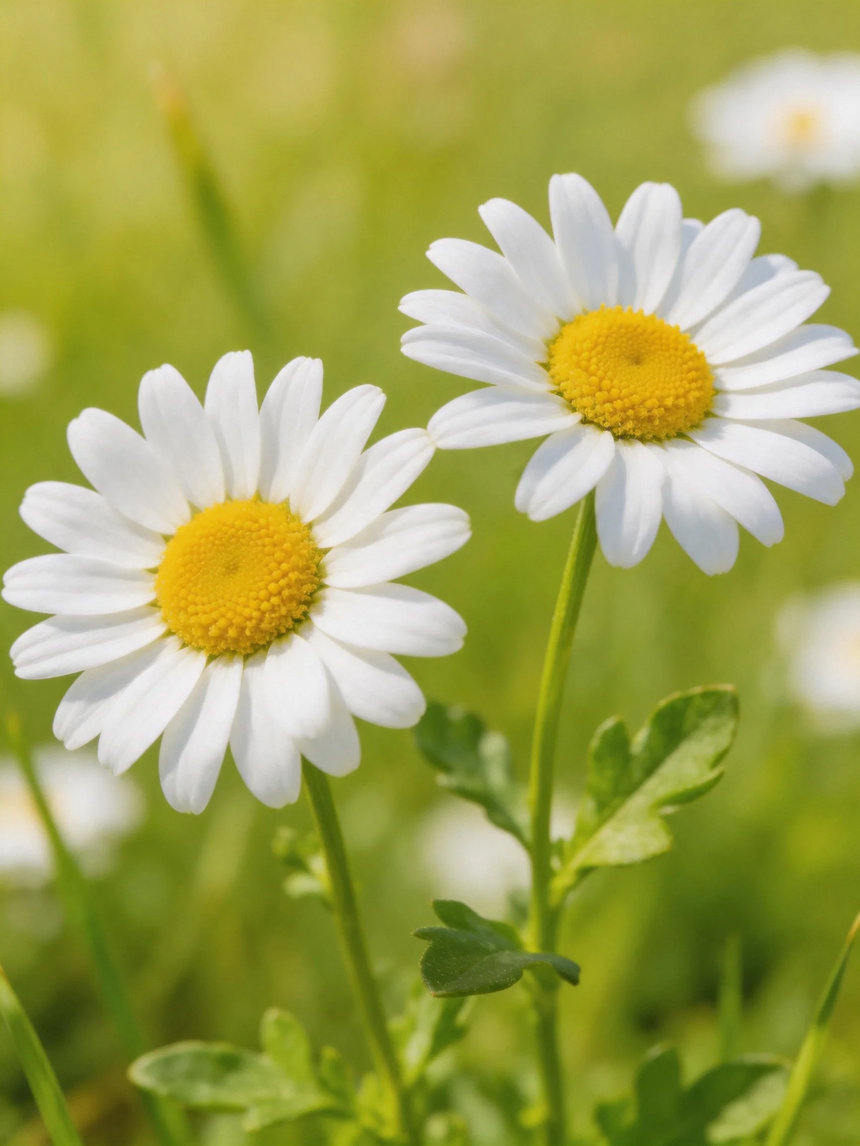 Two white daisies with bright yellow centers in a lush green meadow