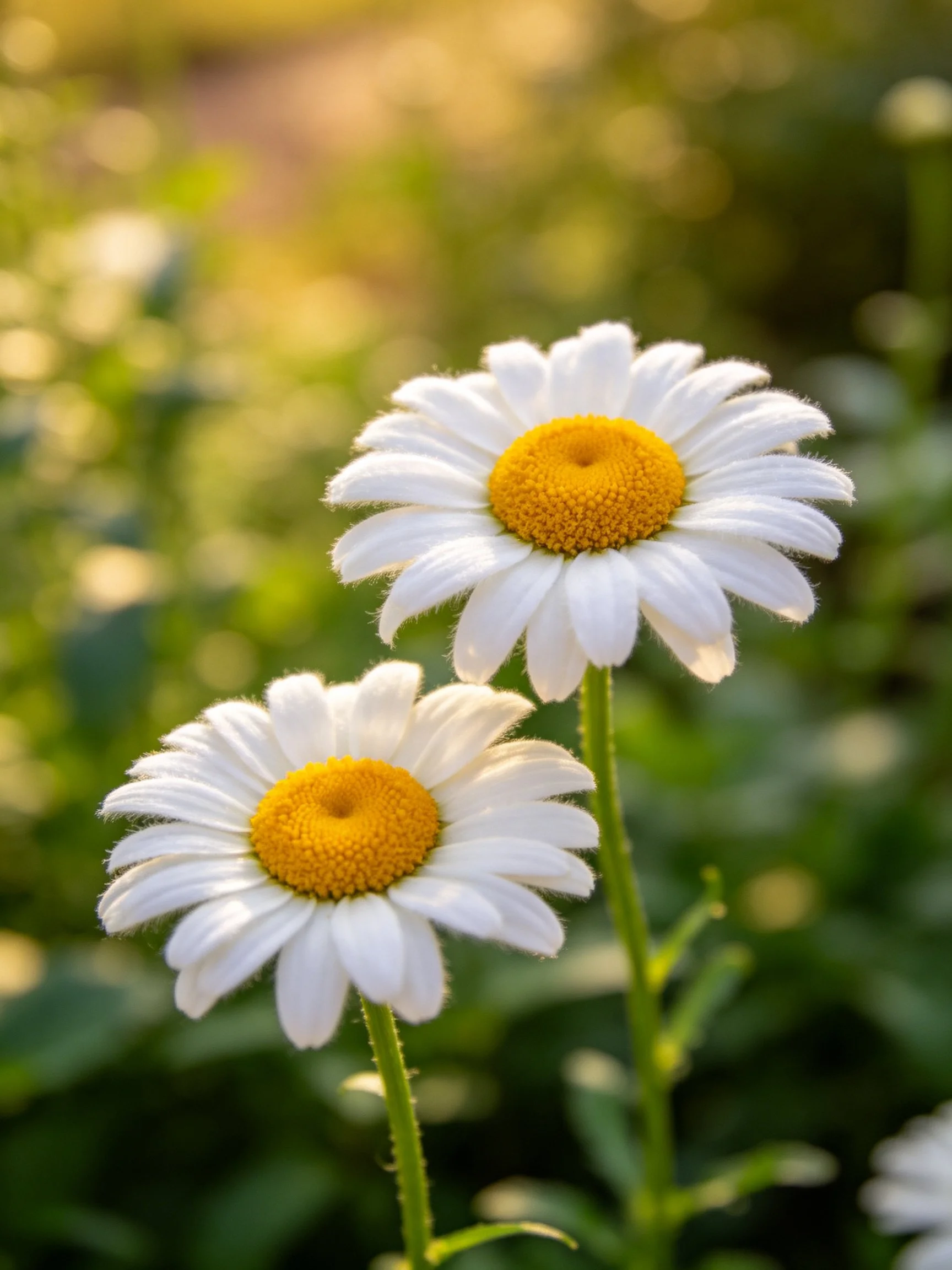Two white daisies with golden-yellow centers in a sunlit garden