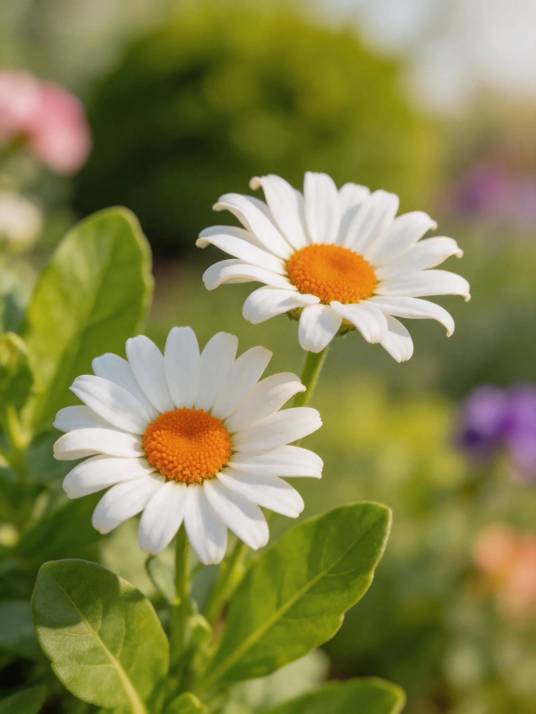 Two white daisies with orange centers amid lush green foliage