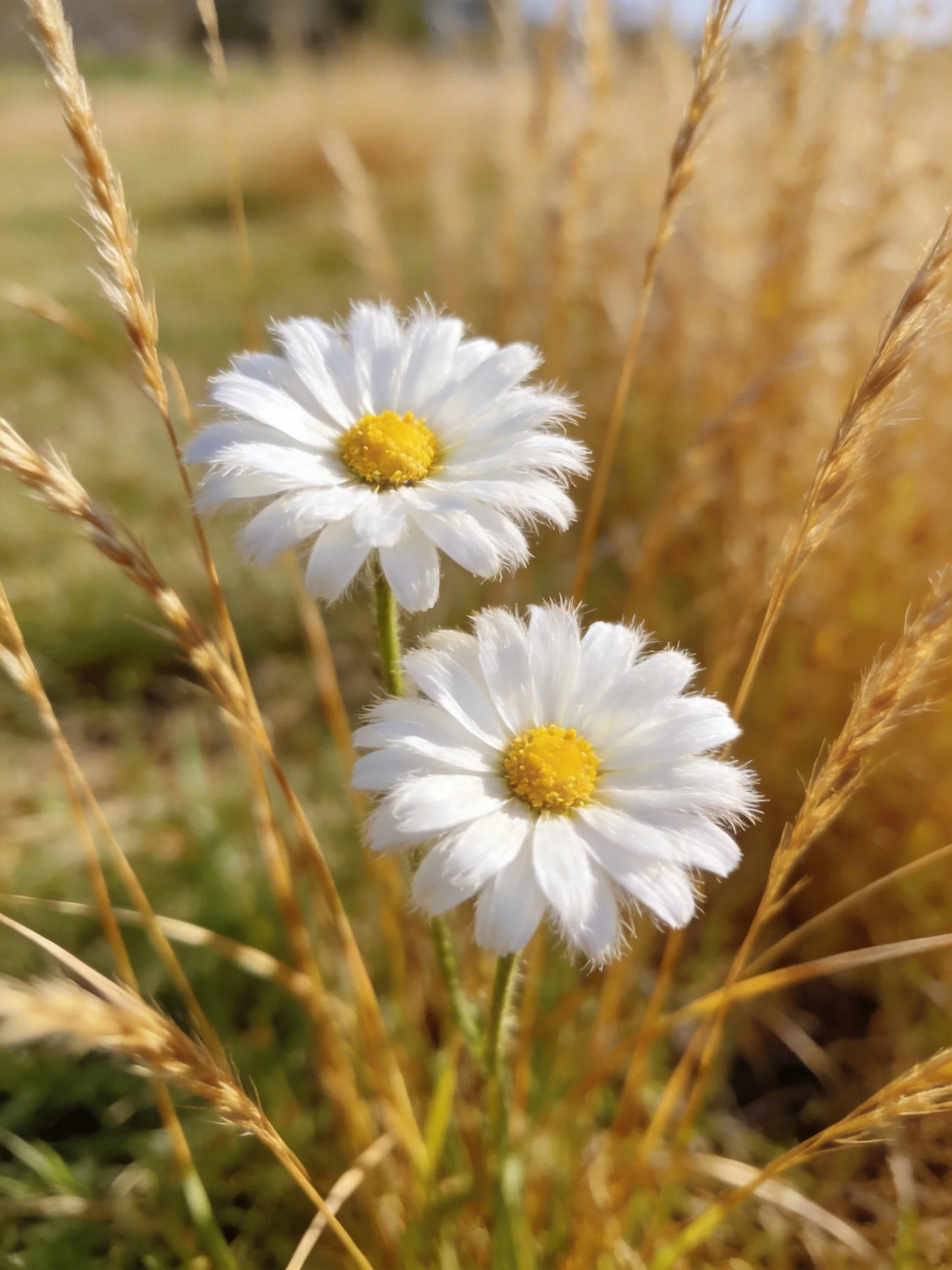 Two white daisies with yellow centers amid golden grasses