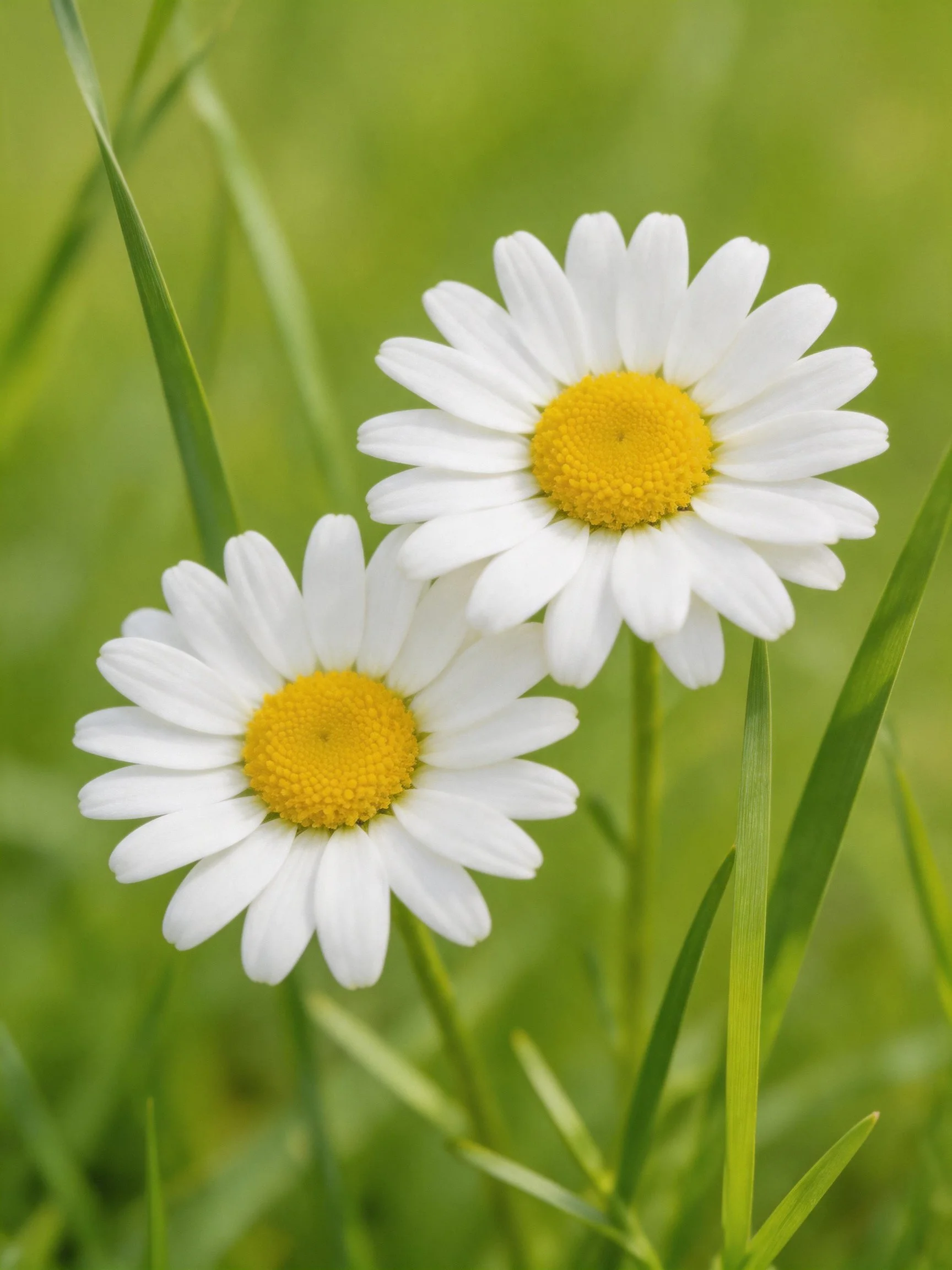 Two white daisies with yellow centers amid green grass