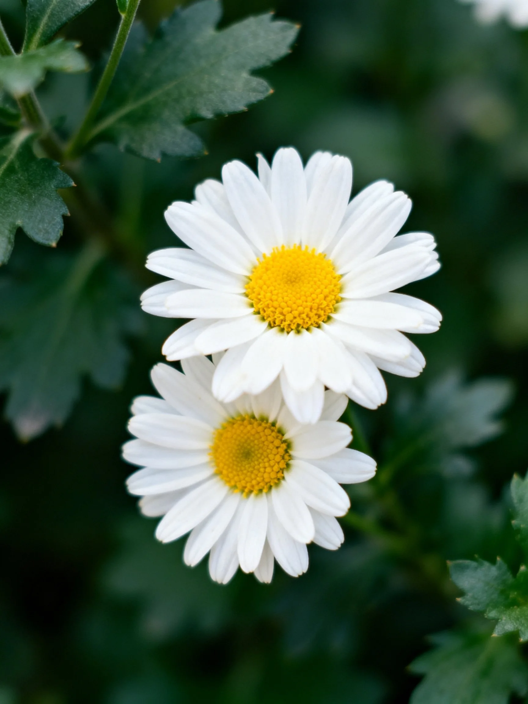 Two white daisies with yellow centers among green leaves