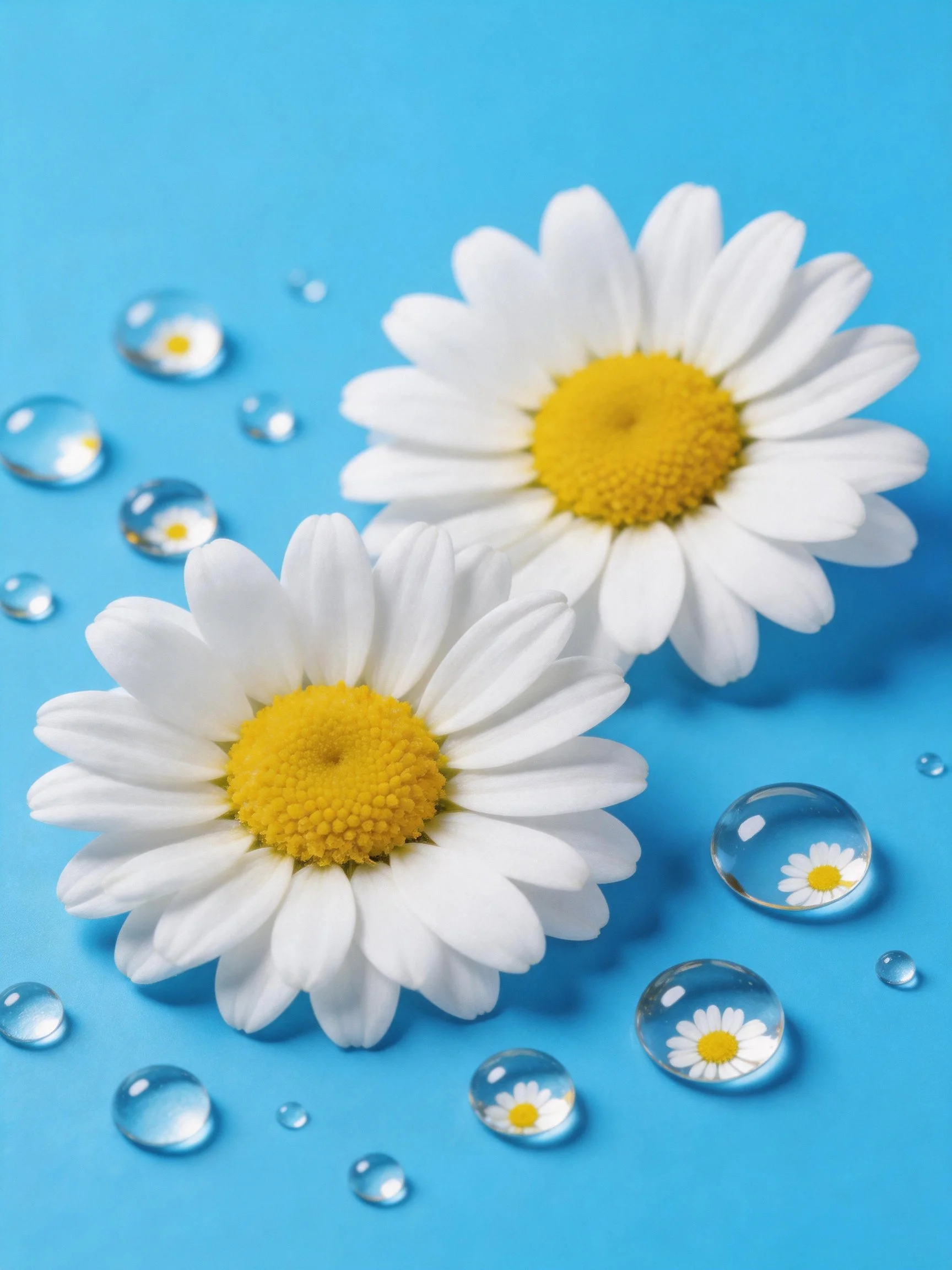 Two white daisies with yellow centers near clear water droplets on bright blue