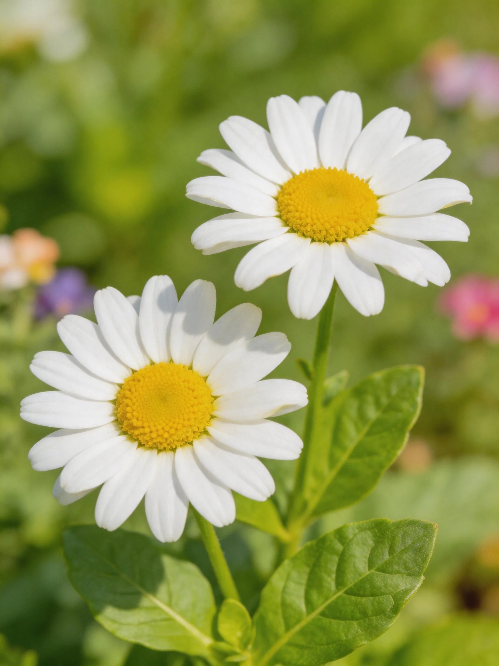 Two white daisy flowers with yellow centers amidst greenery