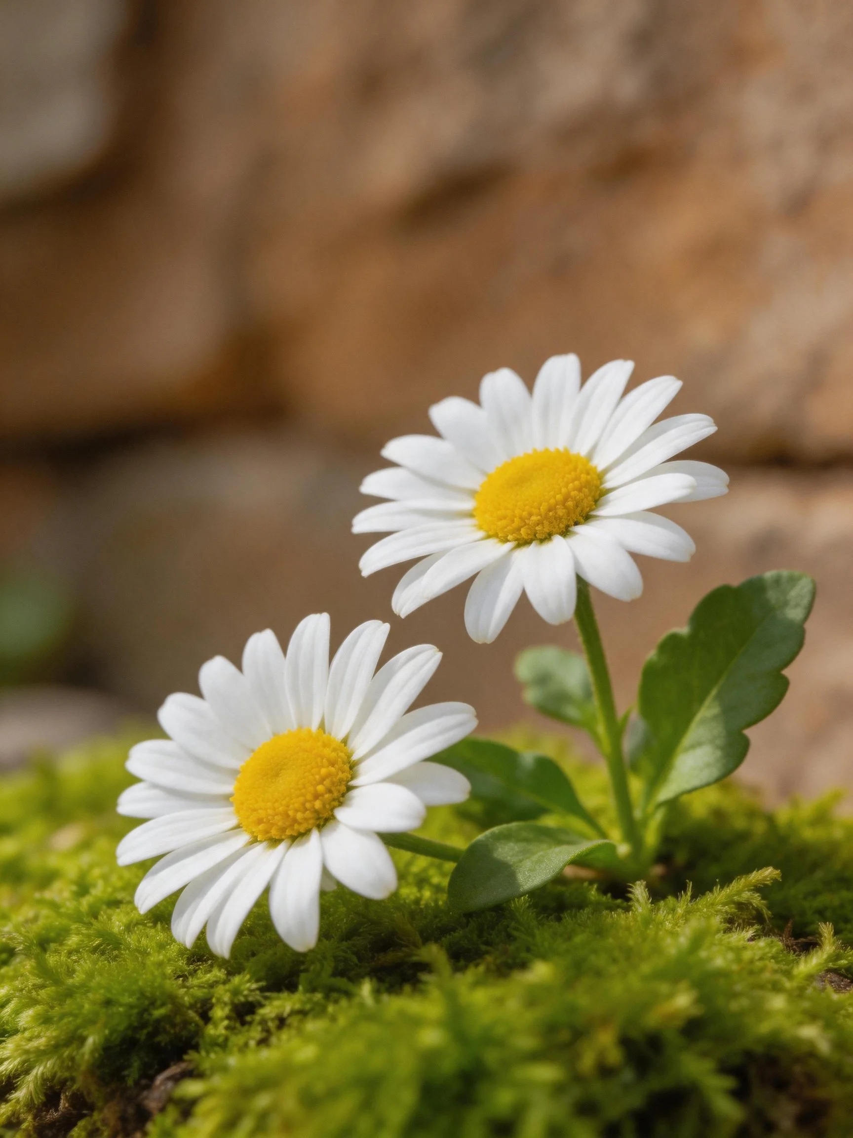 Two white daisy flowers with yellow centers in green moss
