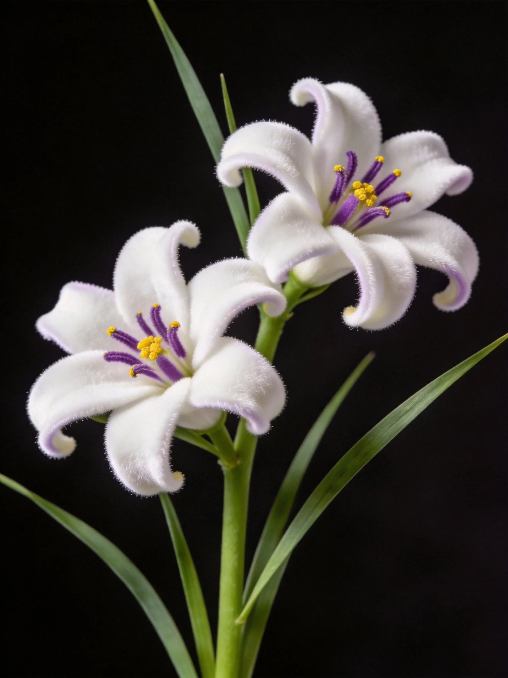 Two white felted flowers with purple stamens and green stems