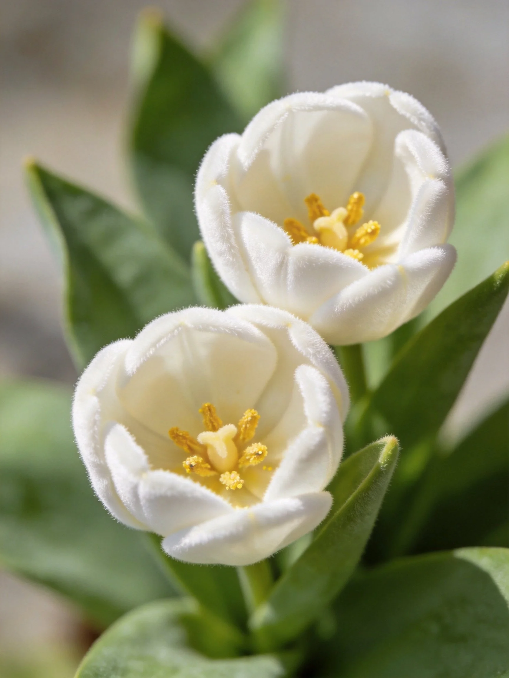 Two white flower buds with golden centers amidst green foliage