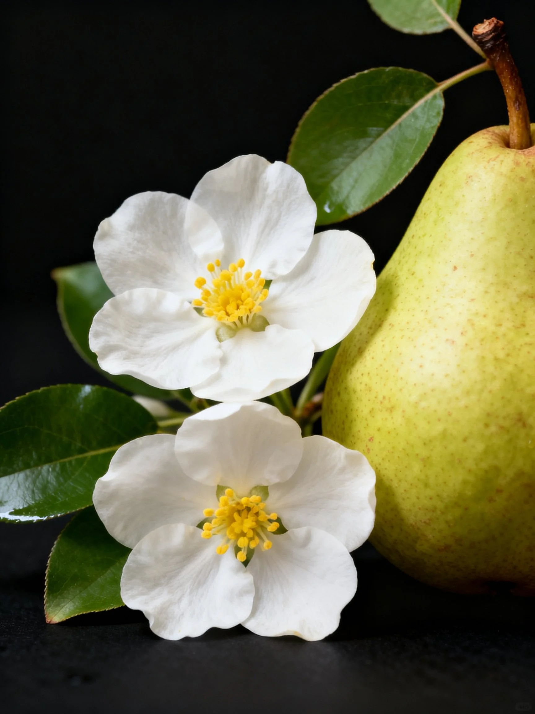Two white flowers beside a green pear on dark surface